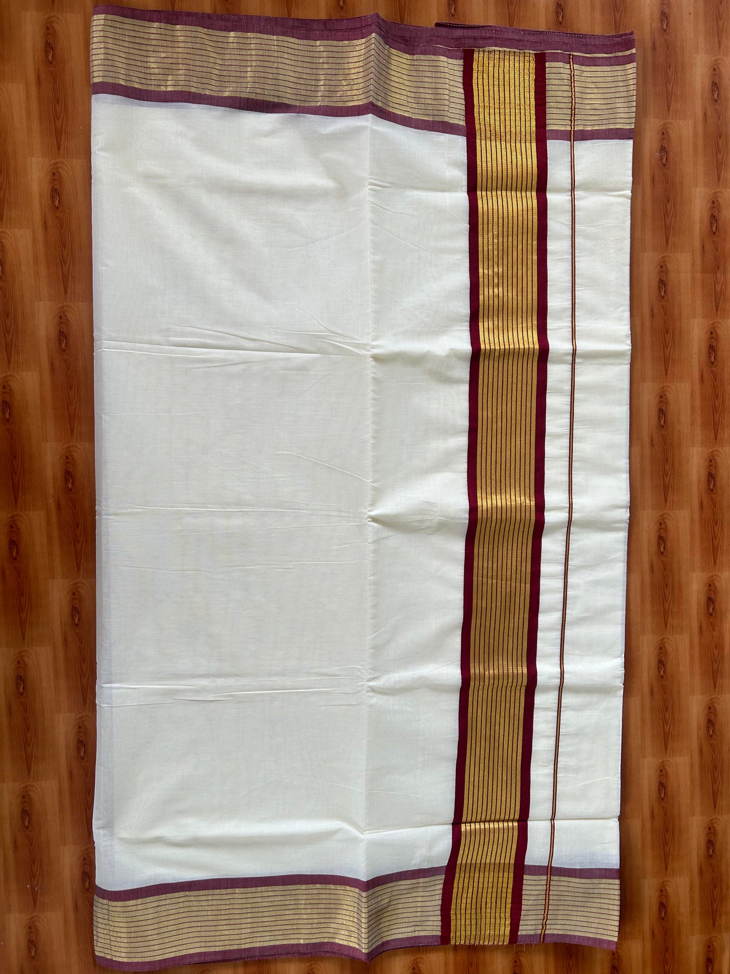 25% Discount! Kaitharikada Kerala Traditional Saree Off white- Mixed Cotton Kasavu Saree - 4 Inch  Pallu - Gold Kasav & Dark Brown Striped Kara - 12 KK7000 PMC