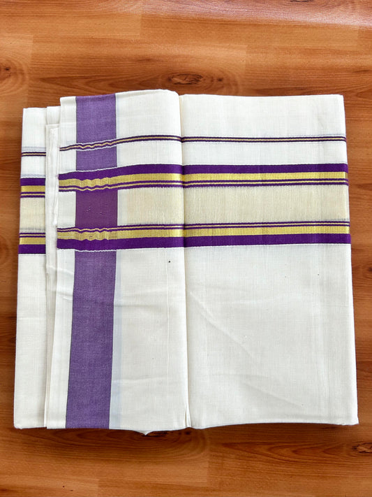 Double Off White - (Unbleached) Mundu/Dhoti - 20% Discount! KaithariKada Balaramapuram Pure Cotton - 80s - 2.25 inch Gold Kasav & Center Tissue Purple Striped Kara - 4 mtr (8.5 Muzham) - 15 KK5413 GAN