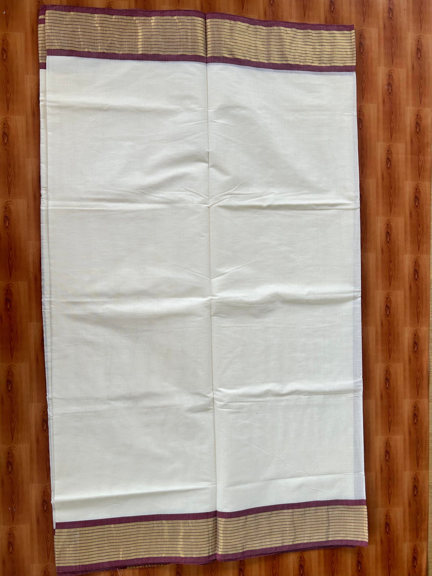 25% Discount! Kaitharikada Kerala Traditional Saree Off white- Mixed Cotton Kasavu Saree - 4 Inch  Pallu - Gold Kasav & Dark Brown Striped Kara - 12 KK7000 PMC