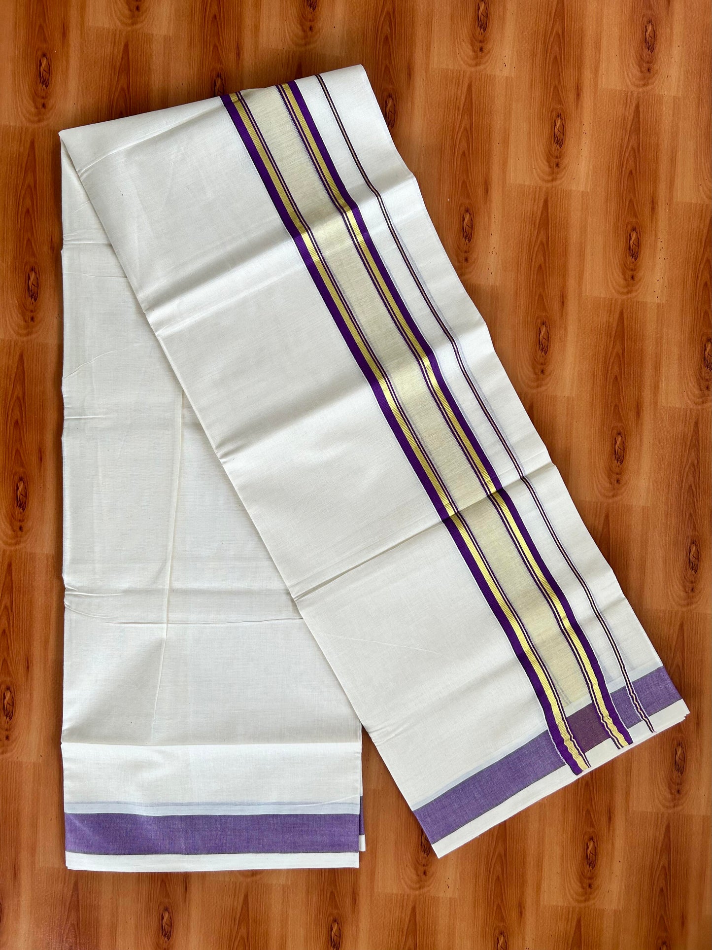 Double Off White - (Unbleached) Mundu/Dhoti - 20% Discount! KaithariKada Balaramapuram Pure Cotton - 80s - 2.25 inch Gold Kasav & Center Tissue Purple Striped Kara - 4 mtr (8.5 Muzham) - 15 KK5413 GAN