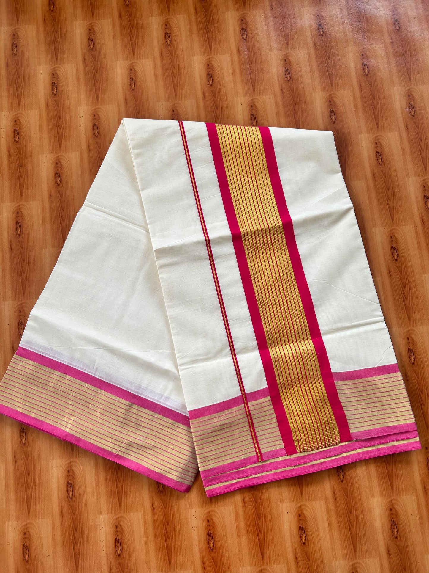25% Discount! Kaitharikada Kerala Traditional Saree Off white- Mixed Cotton Kasavu Saree - 4 Inch  Pallu - Gold Kasav & Magenta Striped Kara - 11 KK7000 PMC
