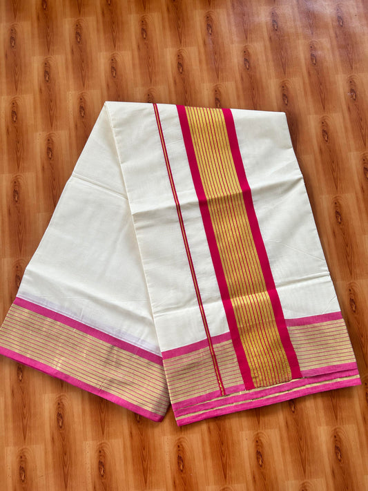 25% Discount! Kaitharikada Kerala Traditional Saree Off white- Mixed Cotton Kasavu Saree - 4 Inch  Pallu - Gold Kasav & Magenta Striped Kara - 11 KK7000 PMC