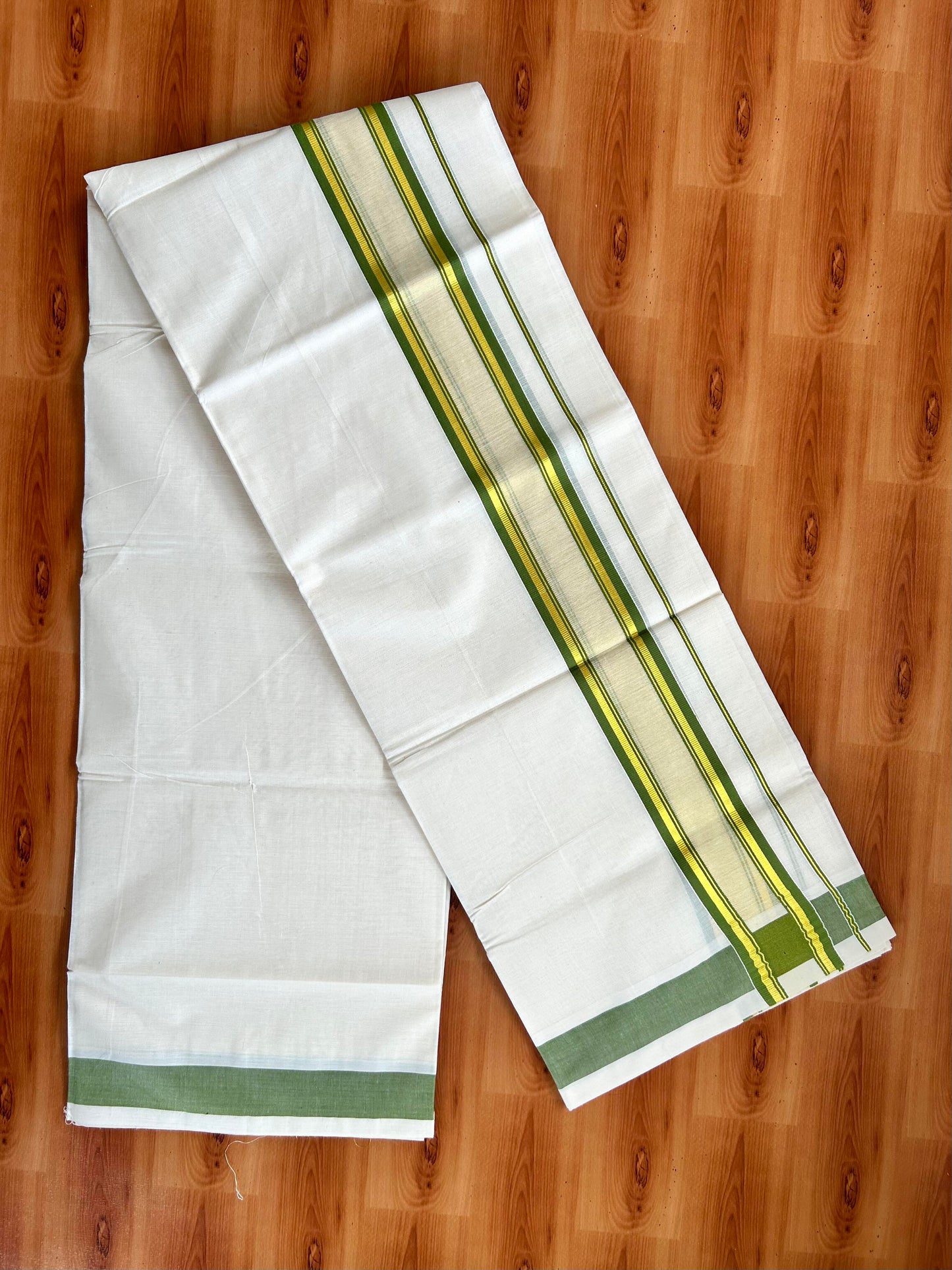 Double Off White - (Unbleached) Mundu/Dhoti - 20% Discount! KaithariKada Balaramapuram Pure Cotton - 80s - 2.25 inch Gold Kasav & Center Tissue Parrot Green Striped Kara - 4 mtr (8.5 Muzham) - 17 KK5413 GAN
