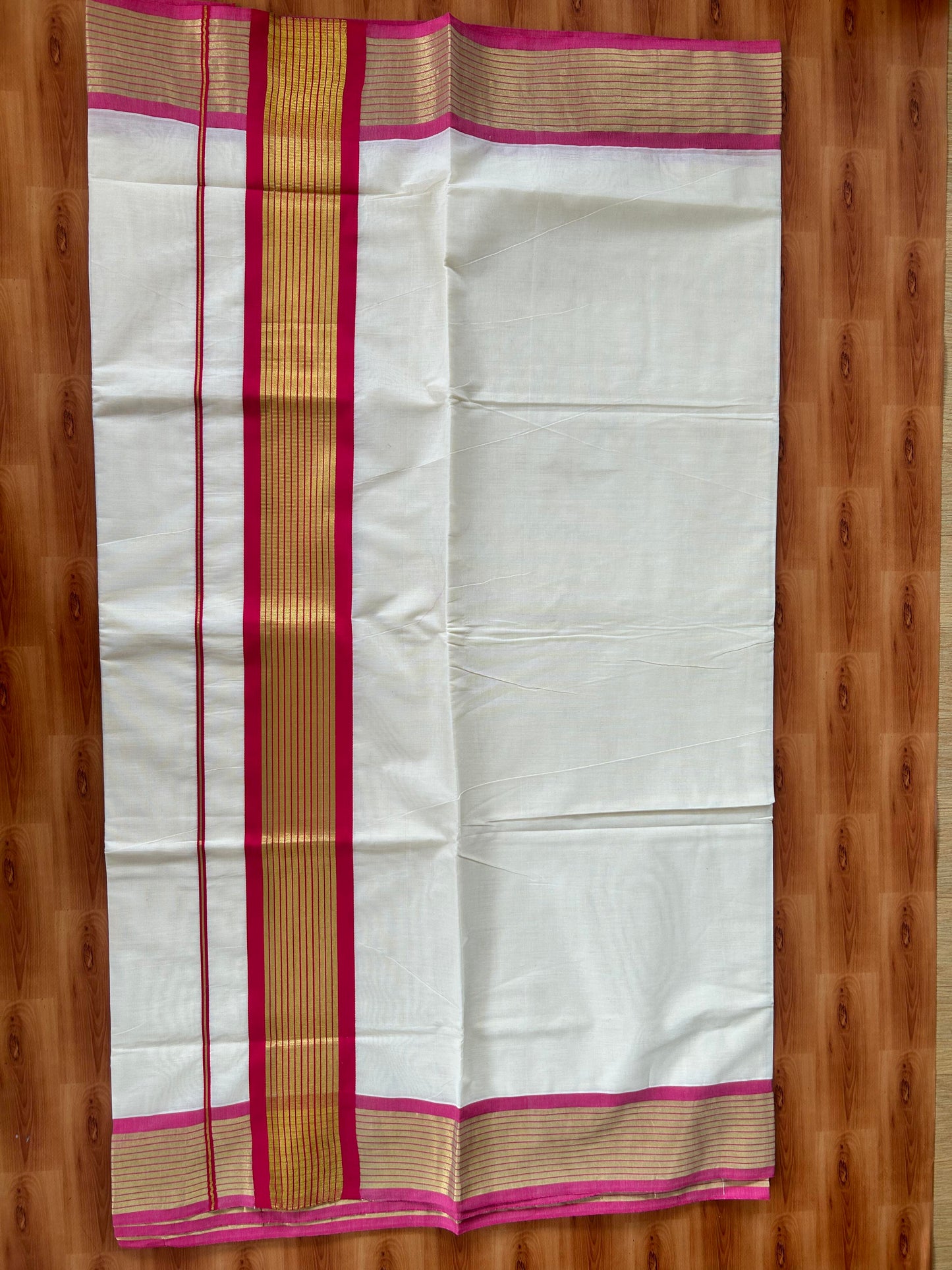 25% Discount! Kaitharikada Kerala Traditional Saree Off white- Mixed Cotton Kasavu Saree - 4 Inch  Pallu - Gold Kasav & Magenta Striped Kara - 11 KK7000 PMC
