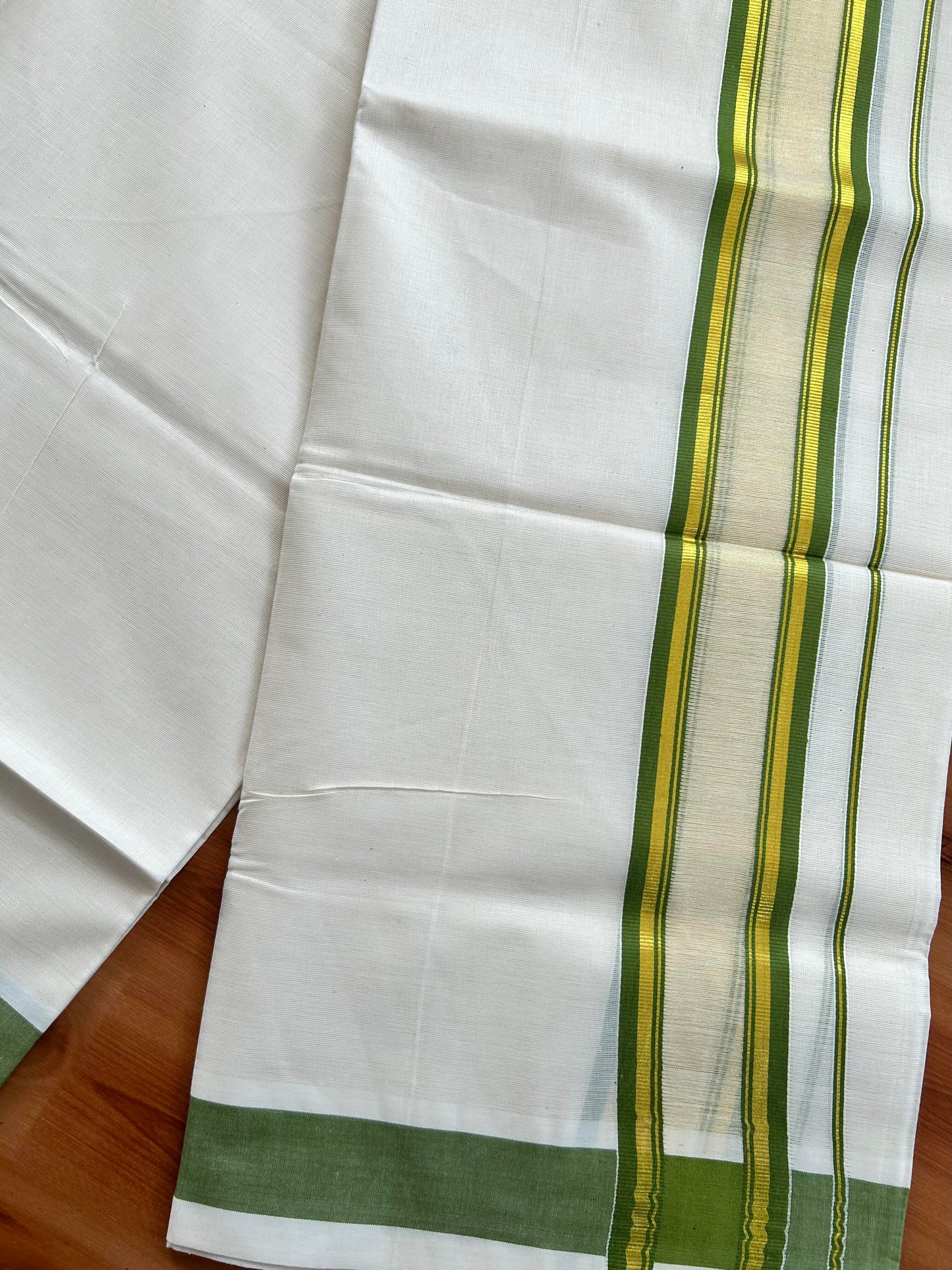 Double Off White - (Unbleached) Mundu/Dhoti - 20% Discount! KaithariKada Balaramapuram Pure Cotton - 80s - 2.25 inch Gold Kasav & Center Tissue Parrot Green Striped Kara - 4 mtr (8.5 Muzham) - 17 KK5413 GAN