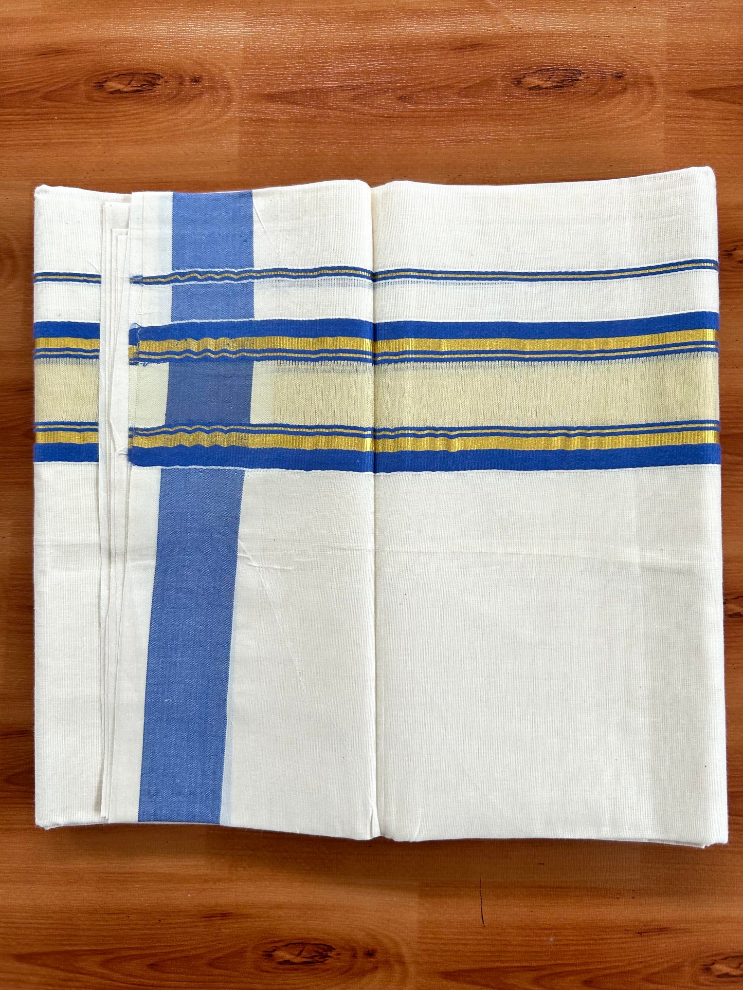 Double Off White - (Unbleached) Mundu/Dhoti - 20% Discount! KaithariKada Balaramapuram Pure Cotton - 80s - 2.25 inch Gold Kasav & Center Tissue Blue Striped Kara - 4 mtr (8.5 Muzham) - 16 KK5413 GAN