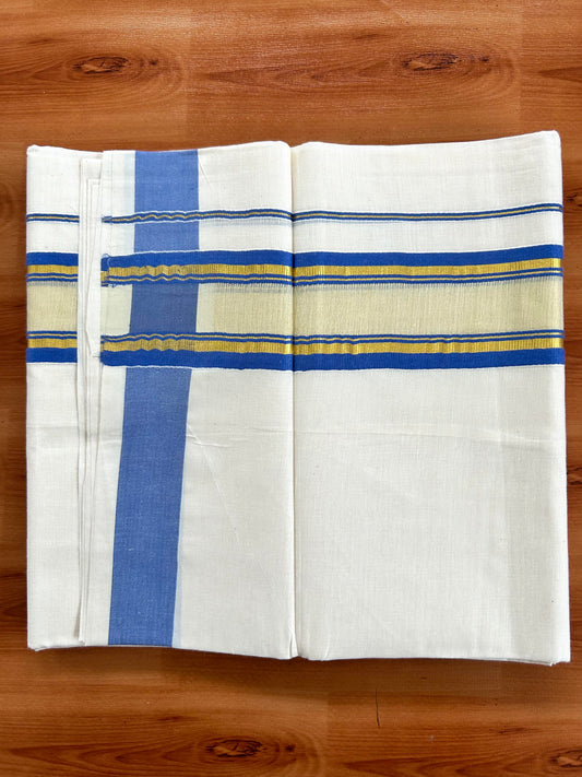 Double Off White - (Unbleached) Mundu/Dhoti - 20% Discount! KaithariKada Balaramapuram Pure Cotton - 80s - 2.25 inch Gold Kasav & Center Tissue Blue Striped Kara - 4 mtr (8.5 Muzham) - 16 KK5413 GAN