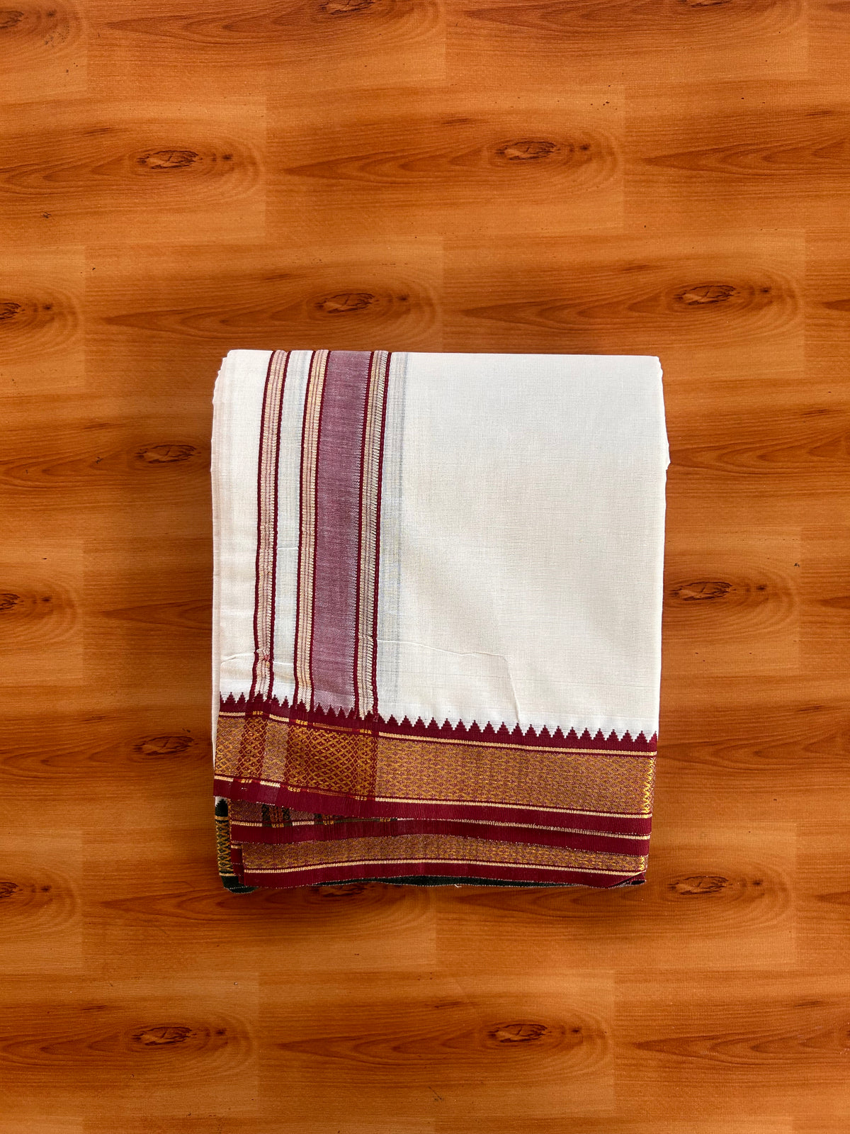 Off White (Unbleached) Double Mundu/Dhoti - 20% Discount ! KaithariKada - Mixed Cotton  60s Thread - 1.5 inch Green & Maroon Gold Kasav Kara 4 mtr (8.5 muzham) - 1 KK5529 SAR