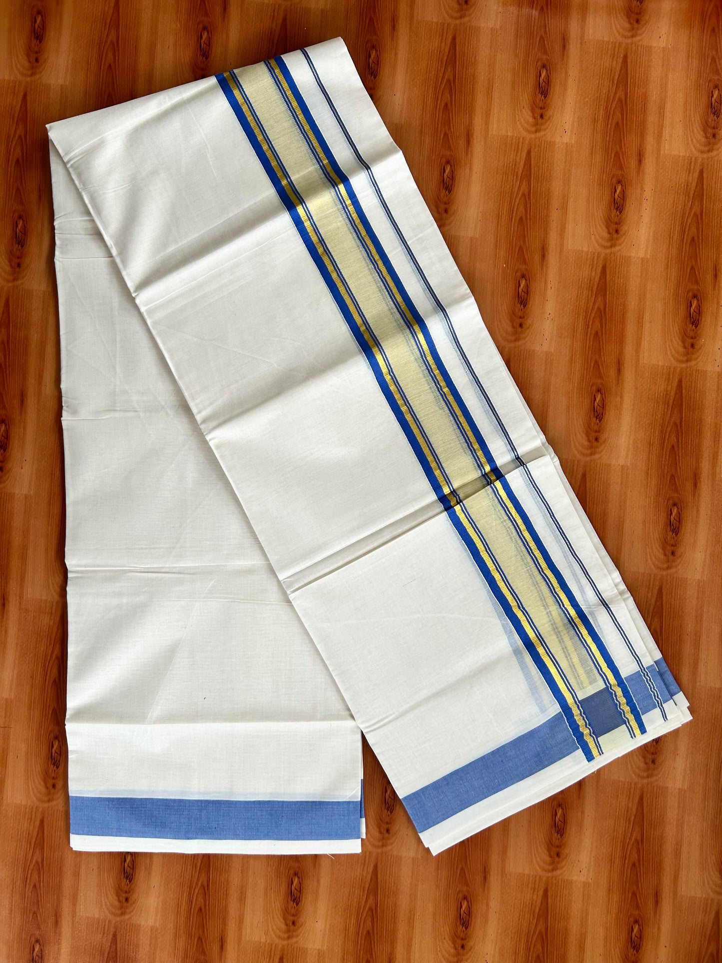 Double Off White - (Unbleached) Mundu/Dhoti - 20% Discount! KaithariKada Balaramapuram Pure Cotton - 80s - 2.25 inch Gold Kasav & Center Tissue Blue Striped Kara - 4 mtr (8.5 Muzham) - 16 KK5413 GAN