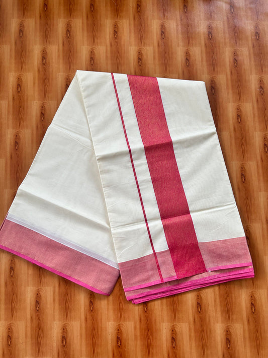 25% Discount! Kaitharikada Kerala Traditional Saree Off white- Mixed Cotton Kasavu Saree - 3 Inch  Pallu - Gold Kasav & Magenta Shaded Kara - 6 KK7000 PMC