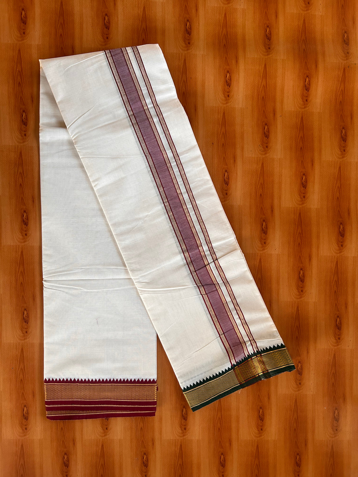 Off White (Unbleached) Double Mundu/Dhoti - 20% Discount ! KaithariKada - Mixed Cotton  60s Thread - 1.5 inch Green & Maroon Gold Kasav Kara 4 mtr (8.5 muzham) - 1 KK5529 SAR