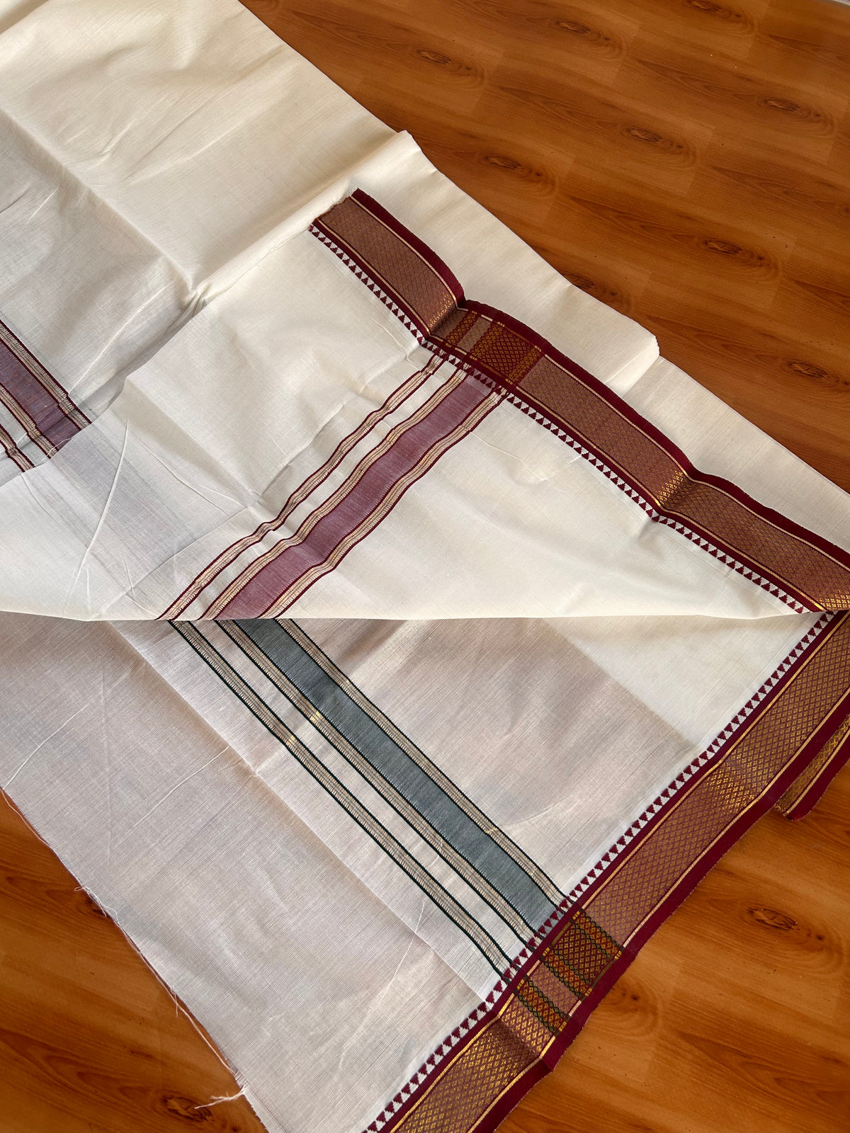 Off White (Unbleached) Double Mundu/Dhoti - 20% Discount ! KaithariKada - Mixed Cotton  60s Thread - 1.5 inch Green & Maroon Gold Kasav Kara 4 mtr (8.5 muzham) - 1 KK5529 SAR
