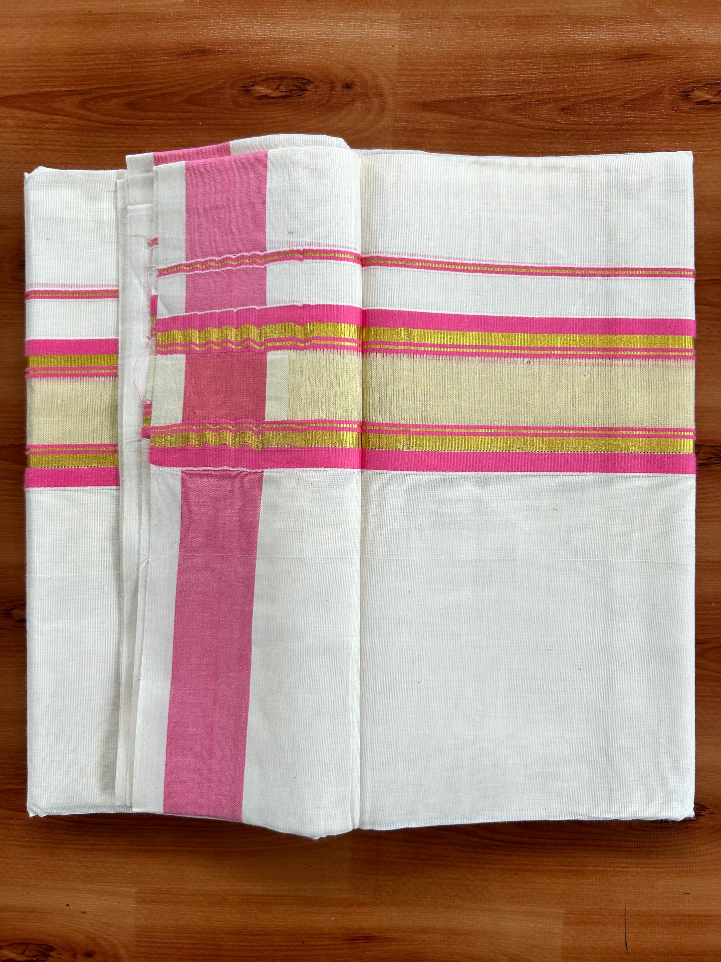 Double Off White - (Unbleached) Mundu/Dhoti - 20% Discount! KaithariKada Balaramapuram Pure Cotton - 80s - 2.25 inch Gold Kasav & Center Tissue Pink Striped Kara - 4 mtr (8.5 Muzham) - 10 KK5413 GAN