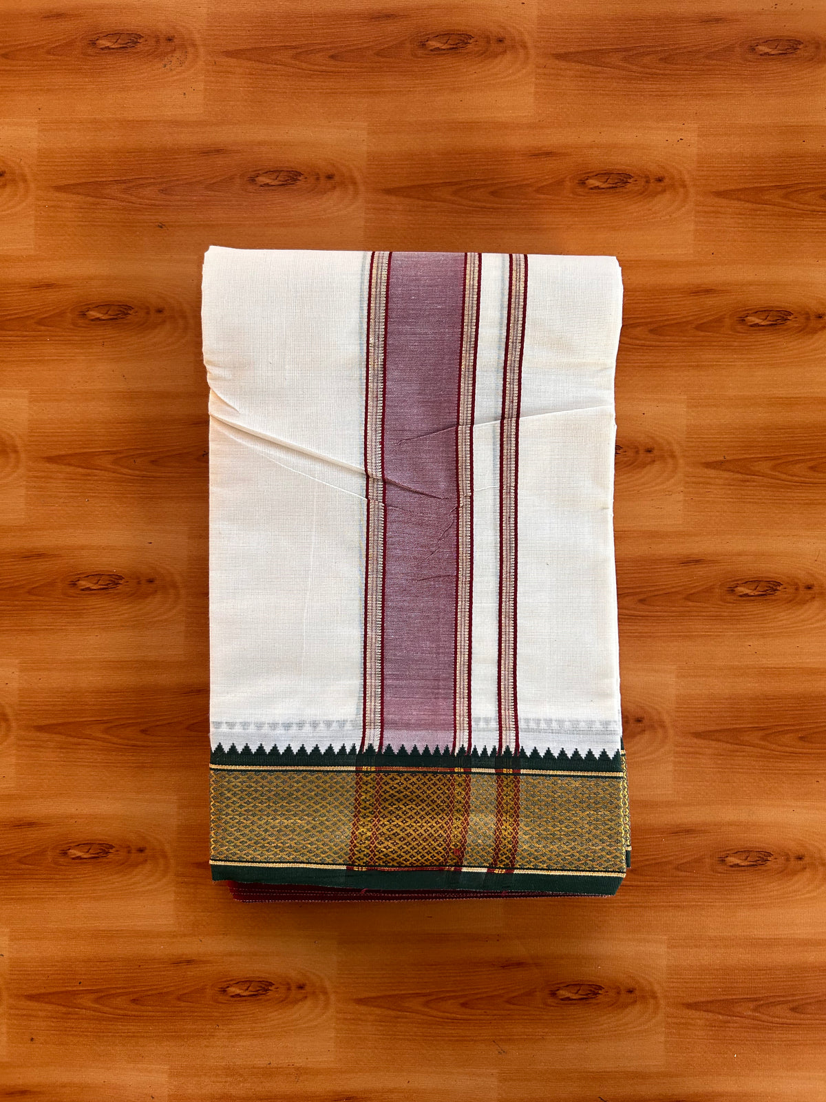 Off White (Unbleached) Double Mundu/Dhoti - 20% Discount ! KaithariKada - Mixed Cotton  60s Thread - 2 inch Green & Maroon Gold Kasav Kara 4 mtr (8.5 muzham) - 2 KK5529 SAR
