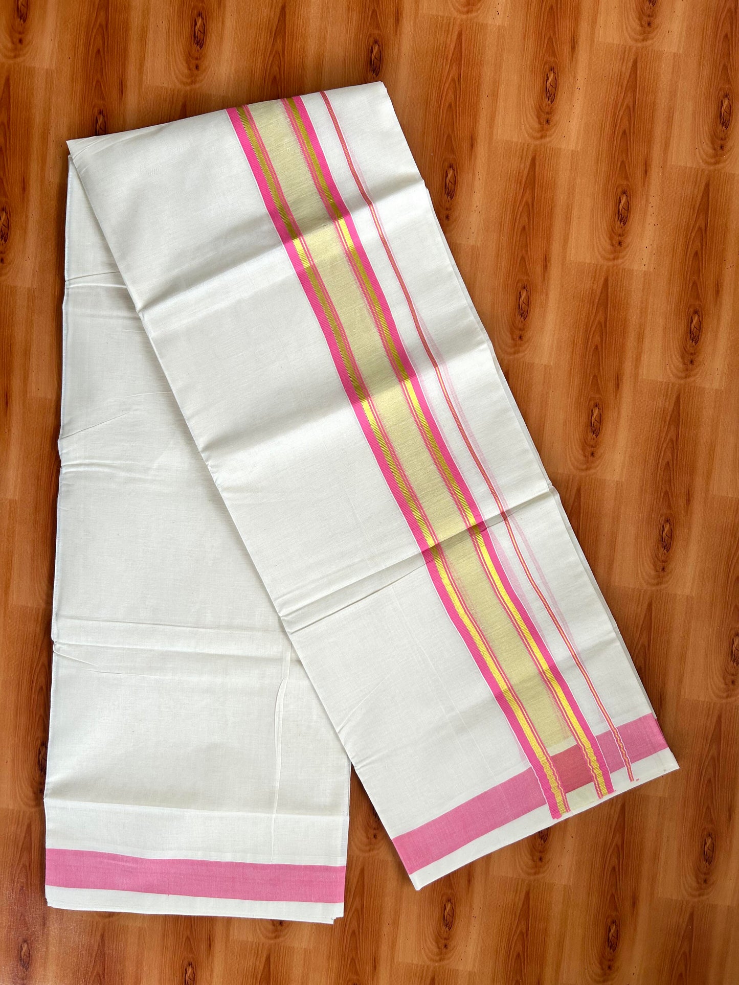 Double Off White - (Unbleached) Mundu/Dhoti - 20% Discount! KaithariKada Balaramapuram Pure Cotton - 80s - 2.25 inch Gold Kasav & Center Tissue Pink Striped Kara - 4 mtr (8.5 Muzham) - 10 KK5413 GAN