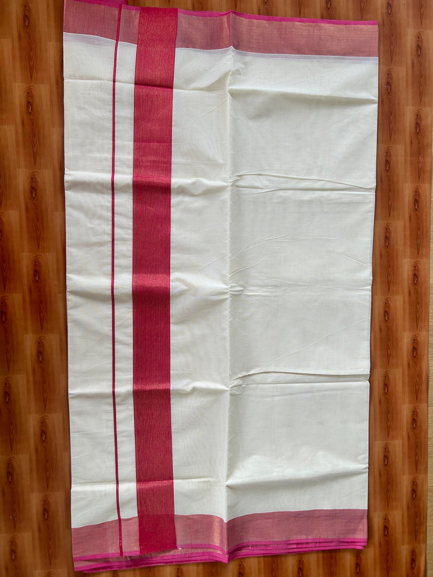 25% Discount! Kaitharikada Kerala Traditional Saree Off white- Mixed Cotton Kasavu Saree - 3 Inch  Pallu - Gold Kasav & Magenta Shaded Kara - 6 KK7000 PMC