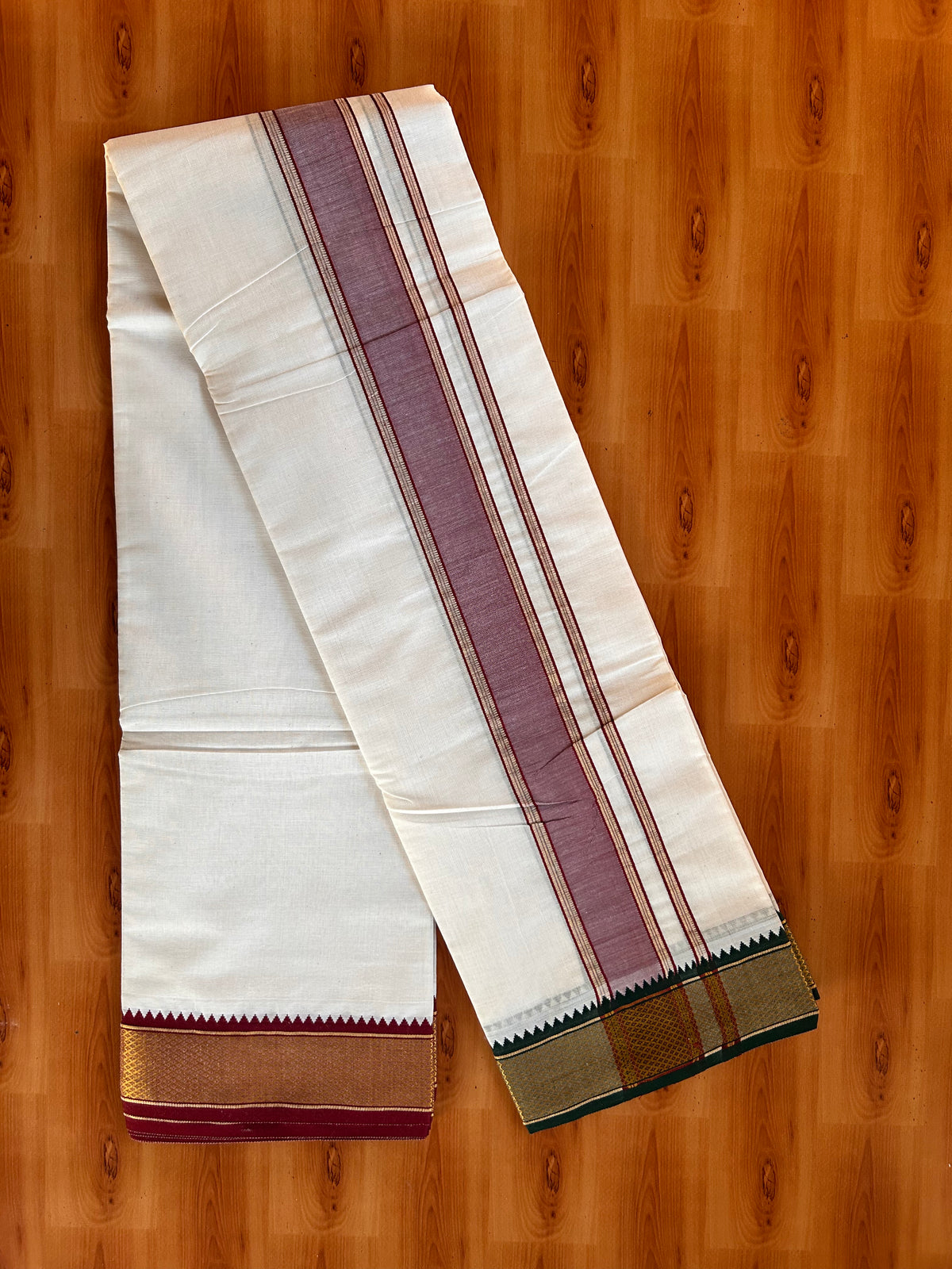 Off White (Unbleached) Double Mundu/Dhoti - 20% Discount ! KaithariKada - Mixed Cotton  60s Thread - 2 inch Green & Maroon Gold Kasav Kara 4 mtr (8.5 muzham) - 2 KK5529 SAR