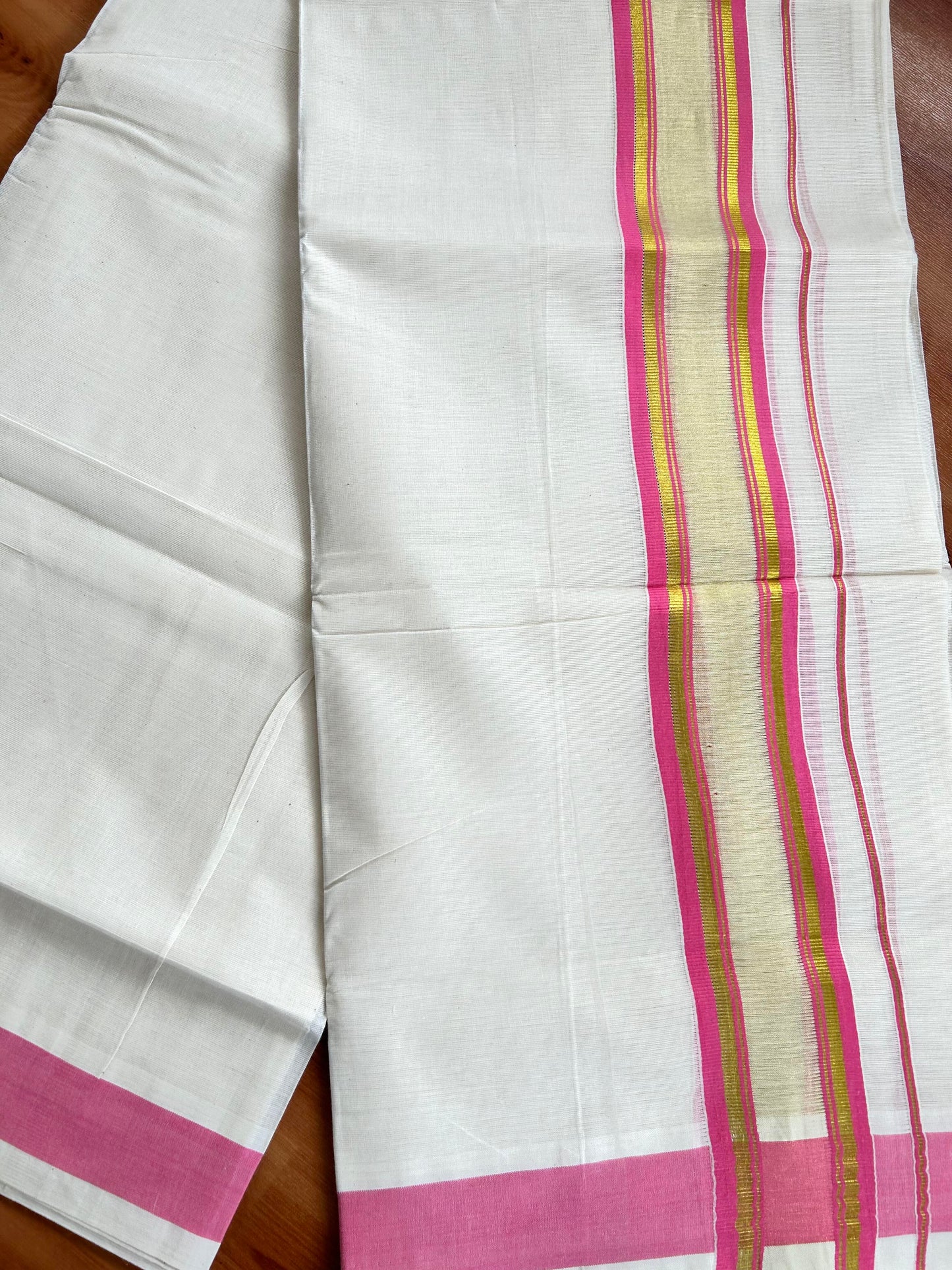 Double Off White - (Unbleached) Mundu/Dhoti - 20% Discount! KaithariKada Balaramapuram Pure Cotton - 80s - 2.25 inch Gold Kasav & Center Tissue Pink Striped Kara - 4 mtr (8.5 Muzham) - 10 KK5413 GAN