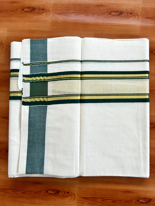 Double Off White - (Unbleached) Mundu/Dhoti - 20% Discount! KaithariKada Balaramapuram Pure Cotton - 80s - 2.25 inch Gold Kasav & Center Tissue Green Striped Kara - 4 mtr (8.5 Muzham) - 18 KK5413 GAN