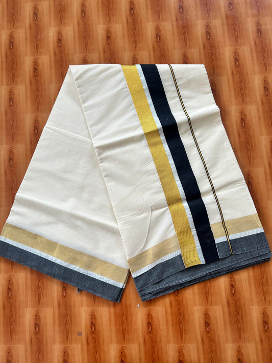 25% Discount! Kaitharikada Kerala Traditional Saree Off white- Mixed Cotton Kasavu Saree - 3.5 Inch  Pallu - Gold Silver Kasav & Black Kara - 1 KK7000 PMC