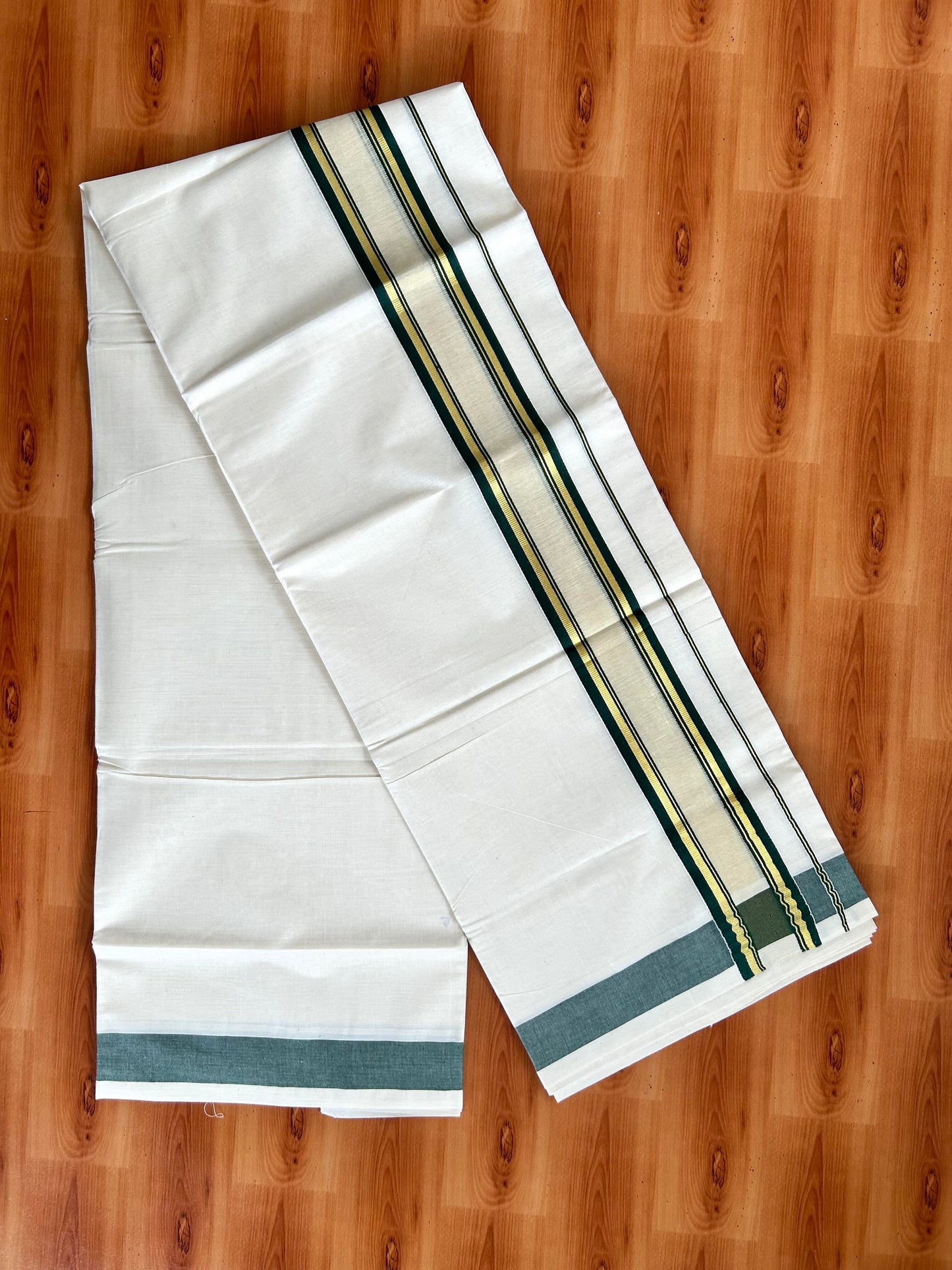 Double Off White - (Unbleached) Mundu/Dhoti - 20% Discount! KaithariKada Balaramapuram Pure Cotton - 80s - 2.25 inch Gold Kasav & Center Tissue Green Striped Kara - 4 mtr (8.5 Muzham) - 18 KK5413 GAN