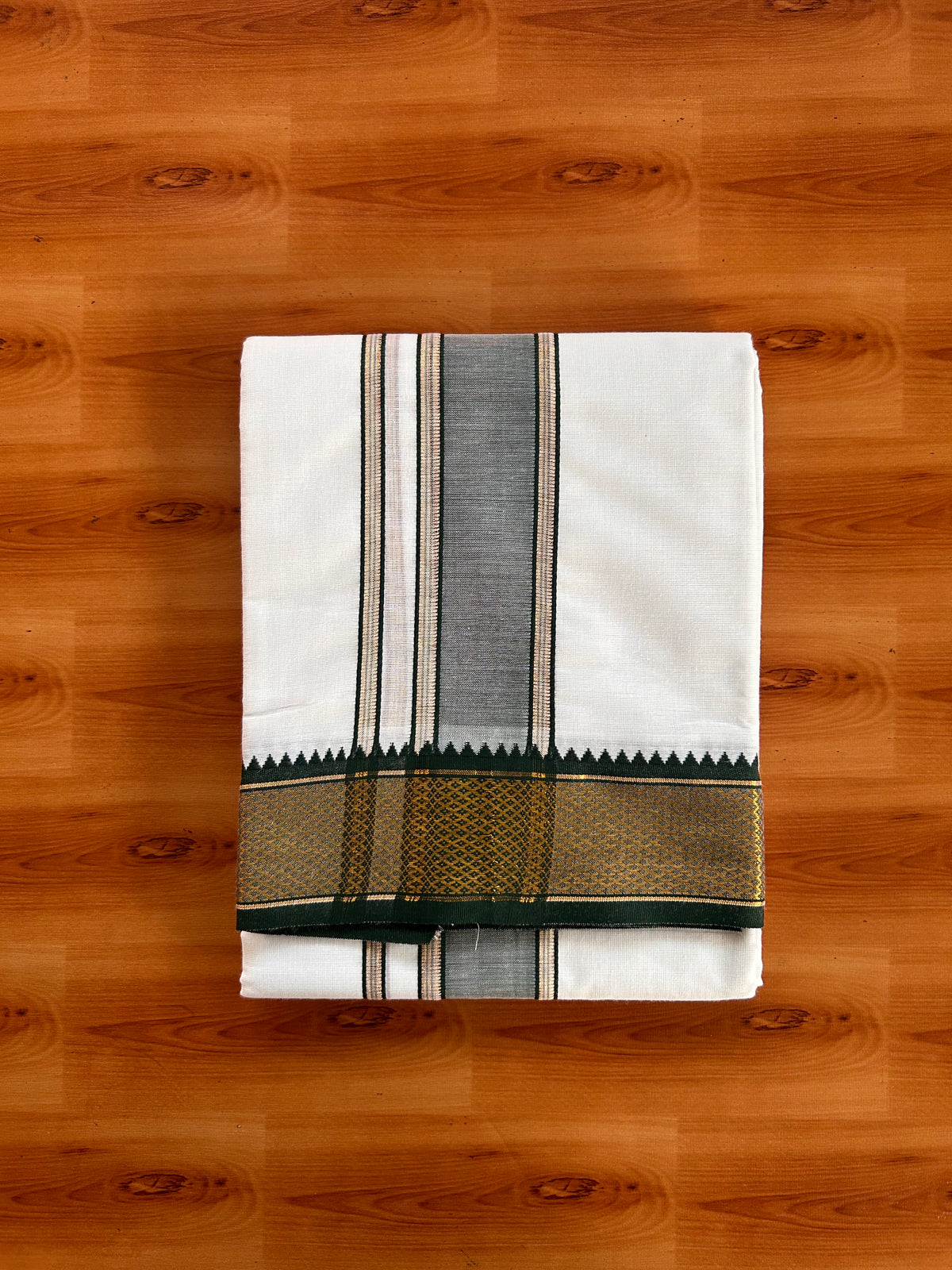 Pure White Double Mundu/Dhoti - 20% Discount ! KaithariKada - Mixed Cotton  60s Thread - 2.25 inch Green & Maroon Gold Kasav Kara 4 mtr (8.5 muzham) - 3 KK5529 SAR