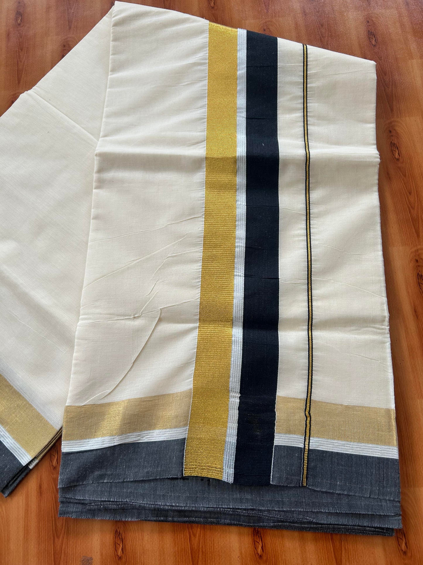 25% Discount! Kaitharikada Kerala Traditional Saree Off white- Mixed Cotton Kasavu Saree - 3.5 Inch  Pallu - Gold Silver Kasav & Black Kara - 1 KK7000 PMC