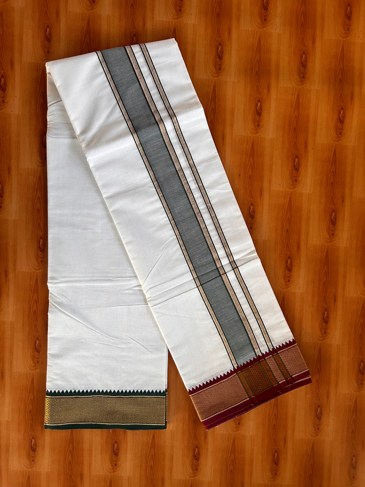 Pure White Double Mundu/Dhoti - 20% Discount ! KaithariKada - Mixed Cotton  60s Thread - 2.25 inch Green & Maroon Gold Kasav Kara 4 mtr (8.5 muzham) - 3 KK5529 SAR
