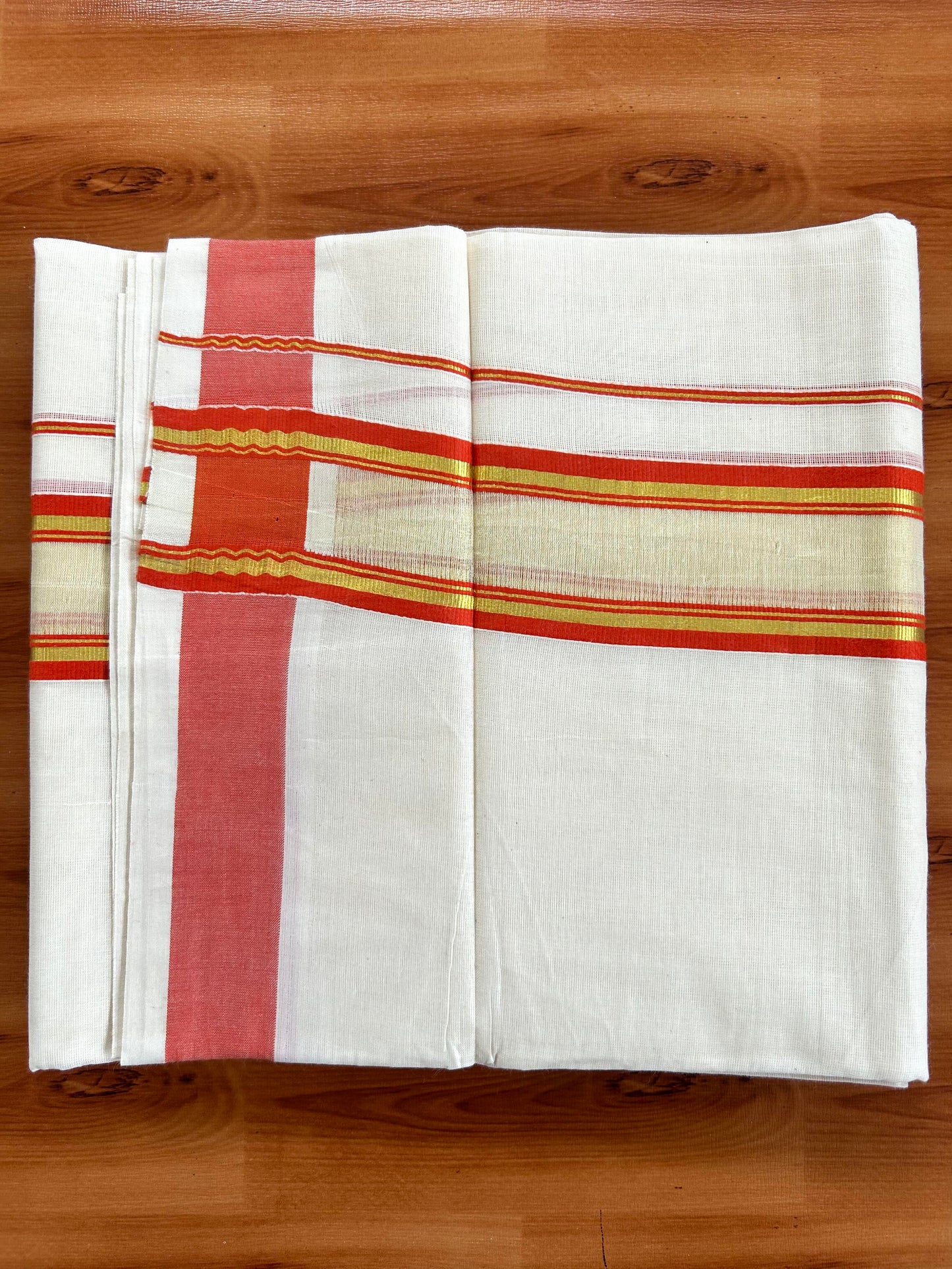 Double Off White - (Unbleached) Mundu/Dhoti - 20% Discount! KaithariKada Balaramapuram Pure Cotton - 80s - 2.25 inch Gold Kasav & Center Tissue Orange Striped Kara - 4 mtr (8.5 Muzham) - 14 KK5413 GAN