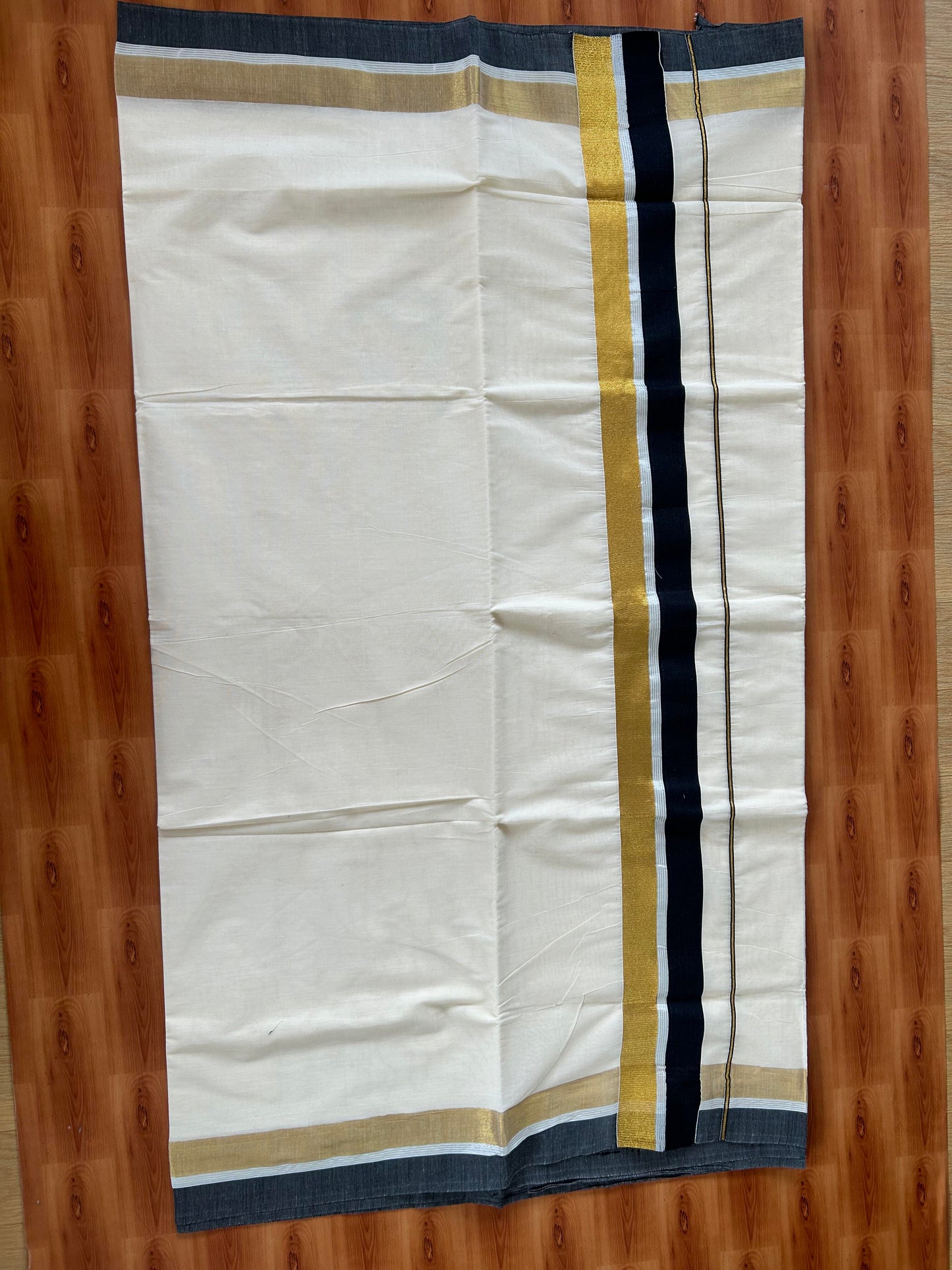 25% Discount! Kaitharikada Kerala Traditional Saree Off white- Mixed Cotton Kasavu Saree - 3.5 Inch  Pallu - Gold Silver Kasav & Black Kara - 1 KK7000 PMC