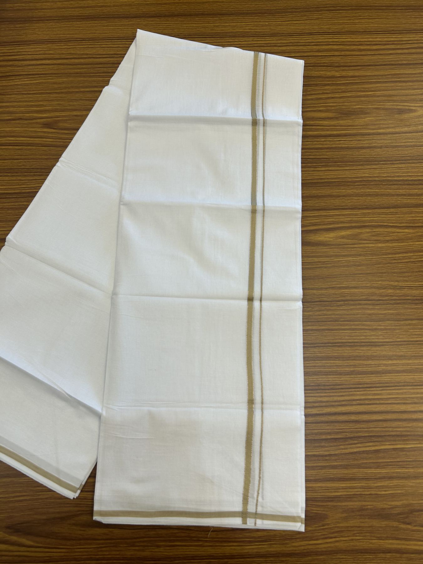 20% Discount! KaithariKada Balaramapuram 100% Cotton Double Pure white Mundu/Dhoti- 100x80 - 0.25 inch Silver Kasav Pastel Olive Green kara - 3.75 mtr ( 8 muzham) - 12 KK5315 VAS