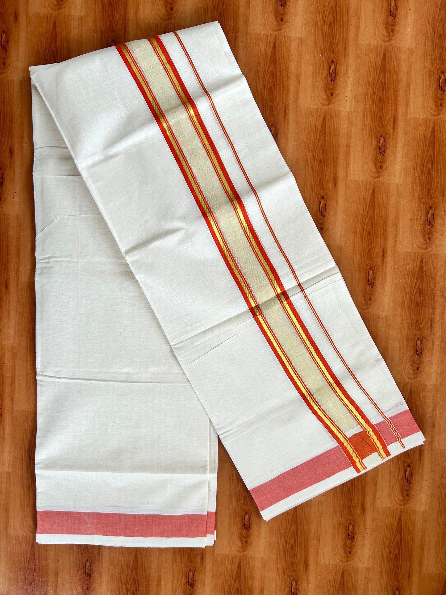Double Off White - (Unbleached) Mundu/Dhoti - 20% Discount! KaithariKada Balaramapuram Pure Cotton - 80s - 2.25 inch Gold Kasav & Center Tissue Orange Striped Kara - 4 mtr (8.5 Muzham) - 14 KK5413 GAN