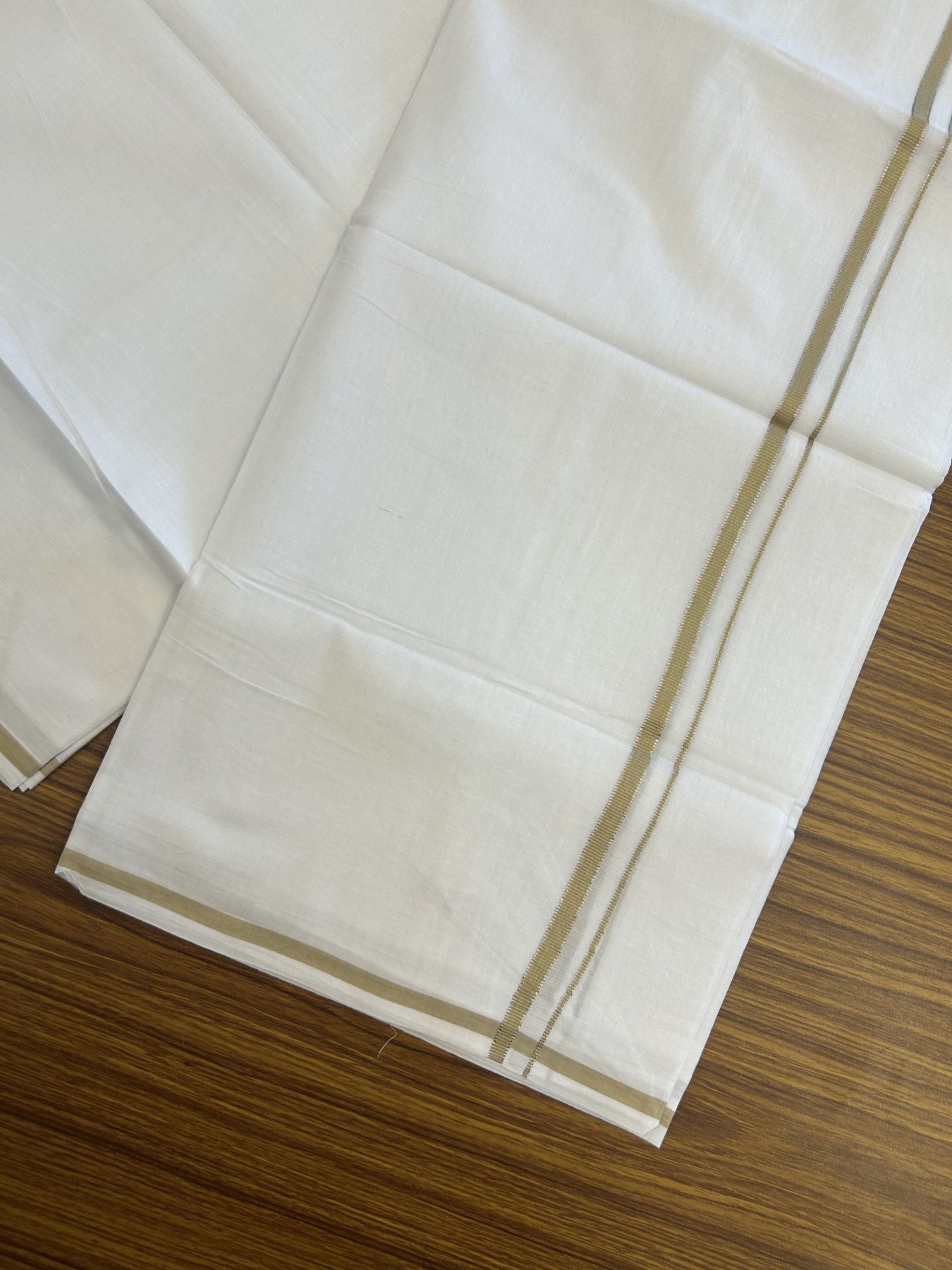 20% Discount! KaithariKada Balaramapuram 100% Cotton Double Pure white Mundu/Dhoti- 100x80 - 0.25 inch Silver Kasav Pastel Olive Green kara - 3.75 mtr ( 8 muzham) - 12 KK5315 VAS