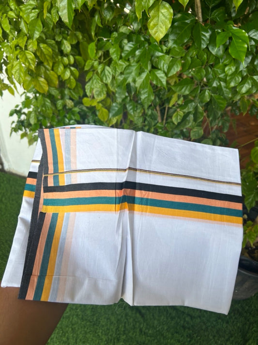 21% DISCOUNT ! KaithariKada Balaramapuram 100% Cotton Pure white Double  Mundu/Dhoti - 100X90 - 1.75 inch Multi Colour kara - 5KK5202PMC