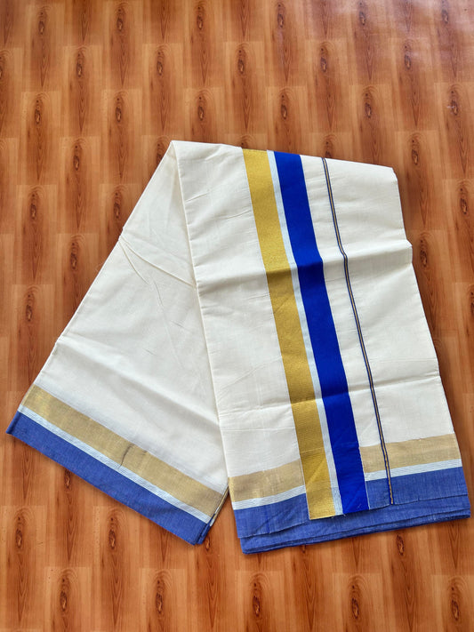 25% Discount! Kaitharikada Kerala Traditional Saree Off white- Mixed Cotton Kasavu Saree - 3.5 Inch  Pallu - Gold Silver Kasav & Blue Kara - 2 KK7000 PMC