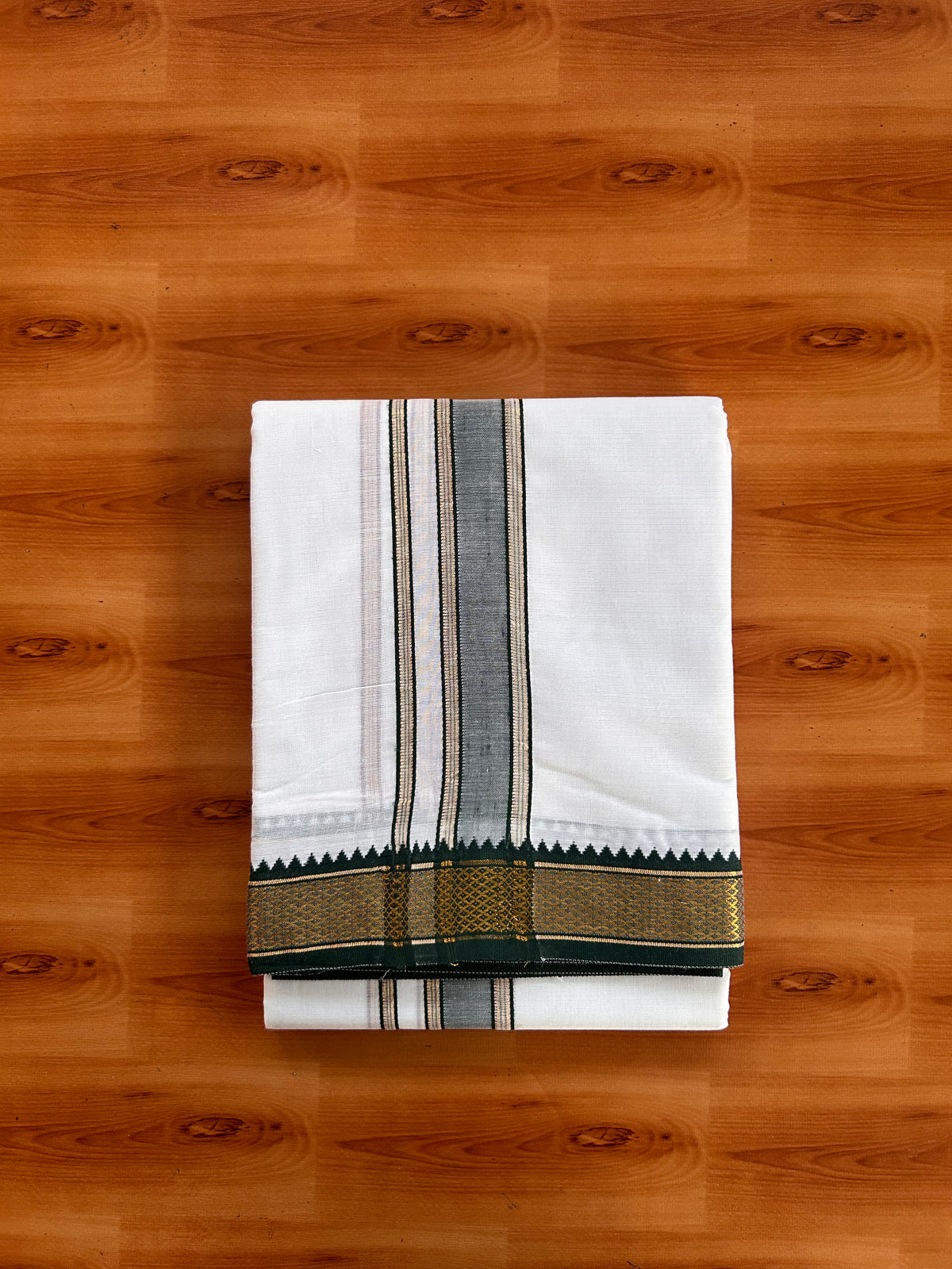 Pure White Double Mundu/Dhoti - 20% Discount ! KaithariKada - Mixed Cotton  60s Thread - 1.5 inch Green & Maroon Gold Kasav Kara 4 mtr (8.5 muzham) - 4 KK5529 SAR