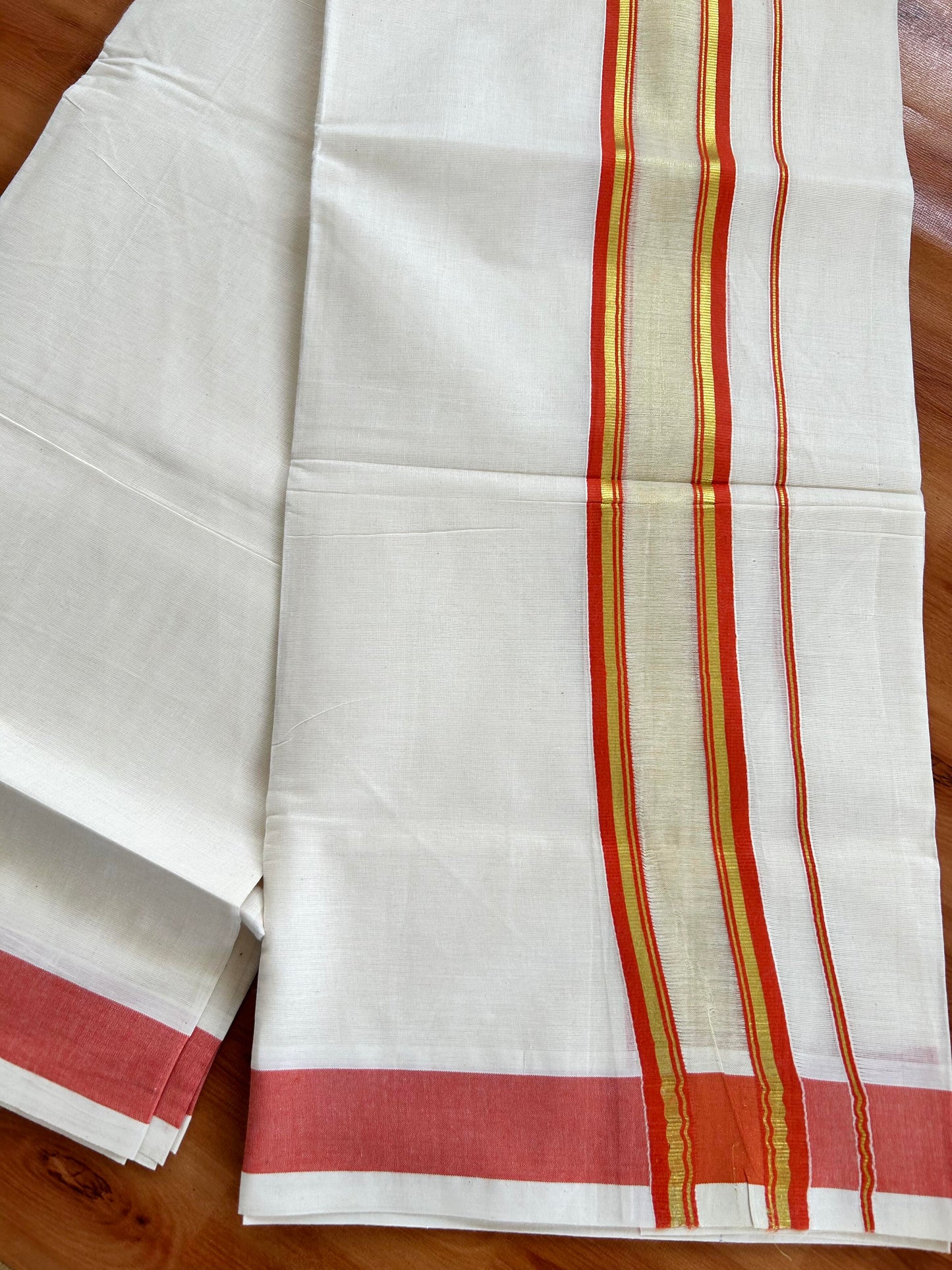 Double Off White - (Unbleached) Mundu/Dhoti - 20% Discount! KaithariKada Balaramapuram Pure Cotton - 80s - 2.25 inch Gold Kasav & Center Tissue Orange Striped Kara - 4 mtr (8.5 Muzham) - 14 KK5413 GAN