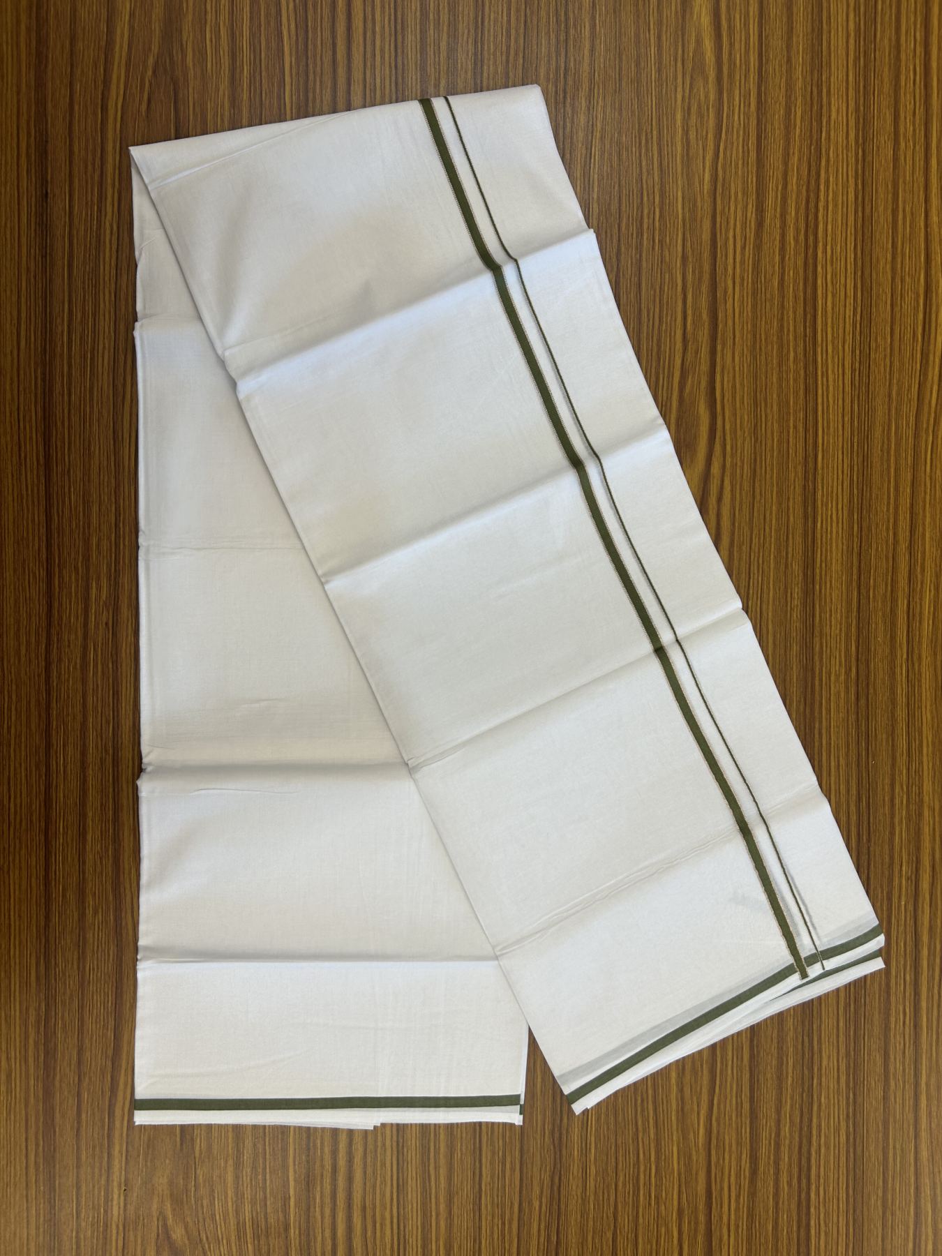 20% Discount! KaithariKada Balaramapuram 100% Cotton Double Pure white Mundu/Dhoti- 100x80 - 0.25 inch Silver Kasav Olive Green kara - 3.75 mtr ( 8 muzham) - 4 KK5315 VAS