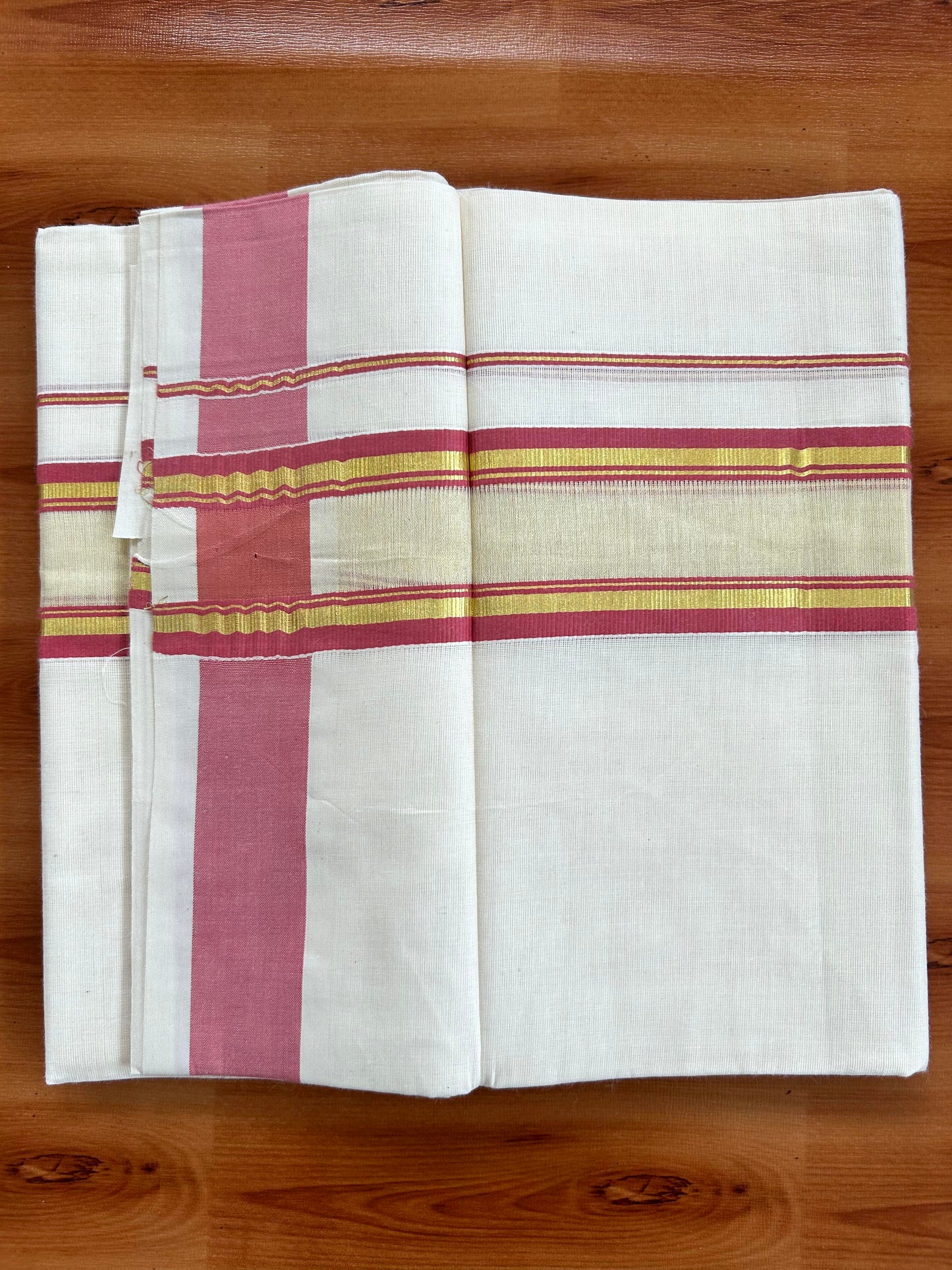 Double Off White - (Unbleached) Mundu/Dhoti - 20% Discount! KaithariKada Balaramapuram Pure Cotton - 80s - 2.25 inch Gold Kasav & Center Tissue Dusty Pink Striped Kara - 4 mtr (8.5 Muzham) - 11 KK5413 GAN
