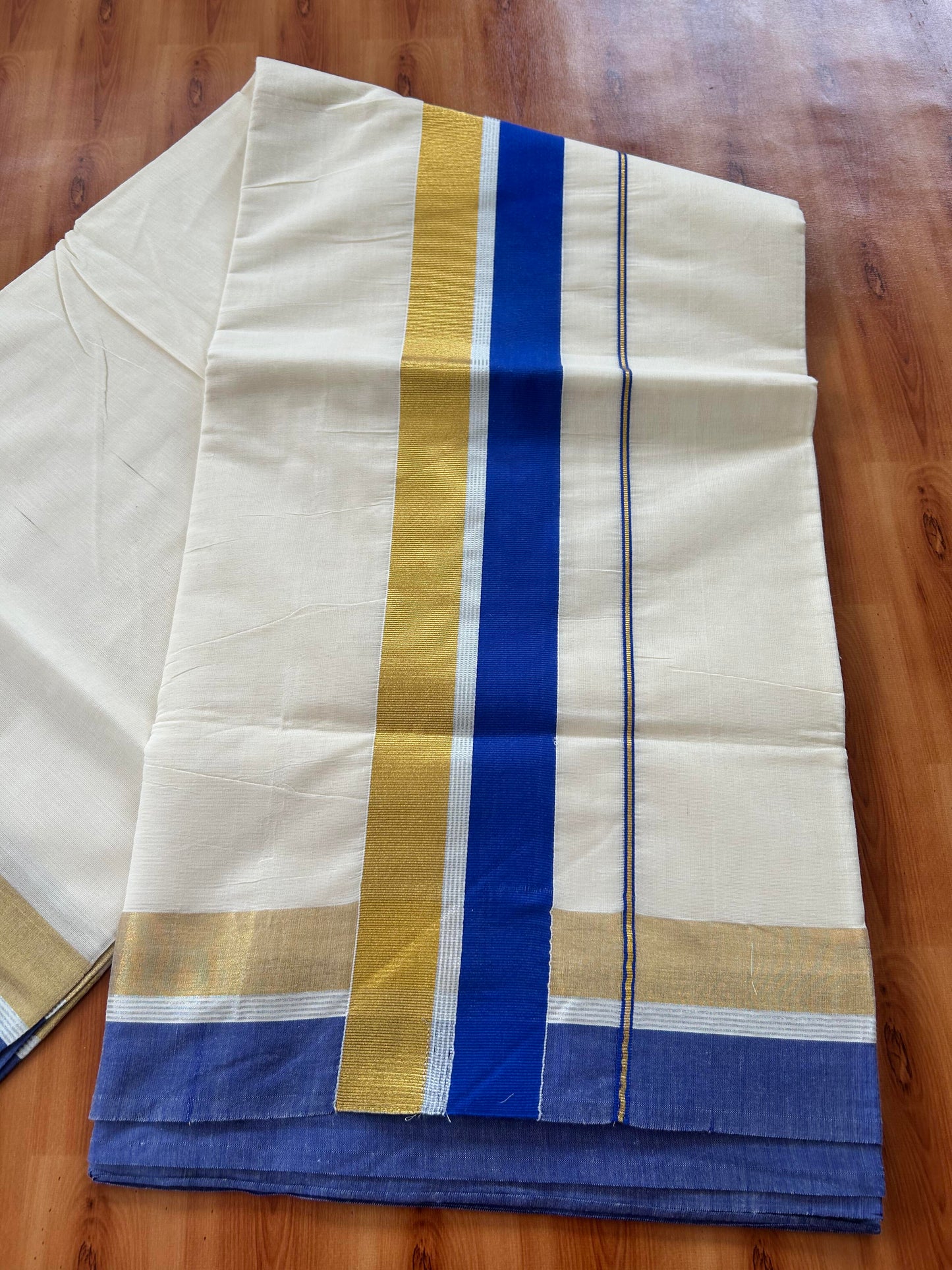 25% Discount! Kaitharikada Kerala Traditional Saree Off white- Mixed Cotton Kasavu Saree - 3.5 Inch  Pallu - Gold Silver Kasav & Blue Kara - 2 KK7000 PMC