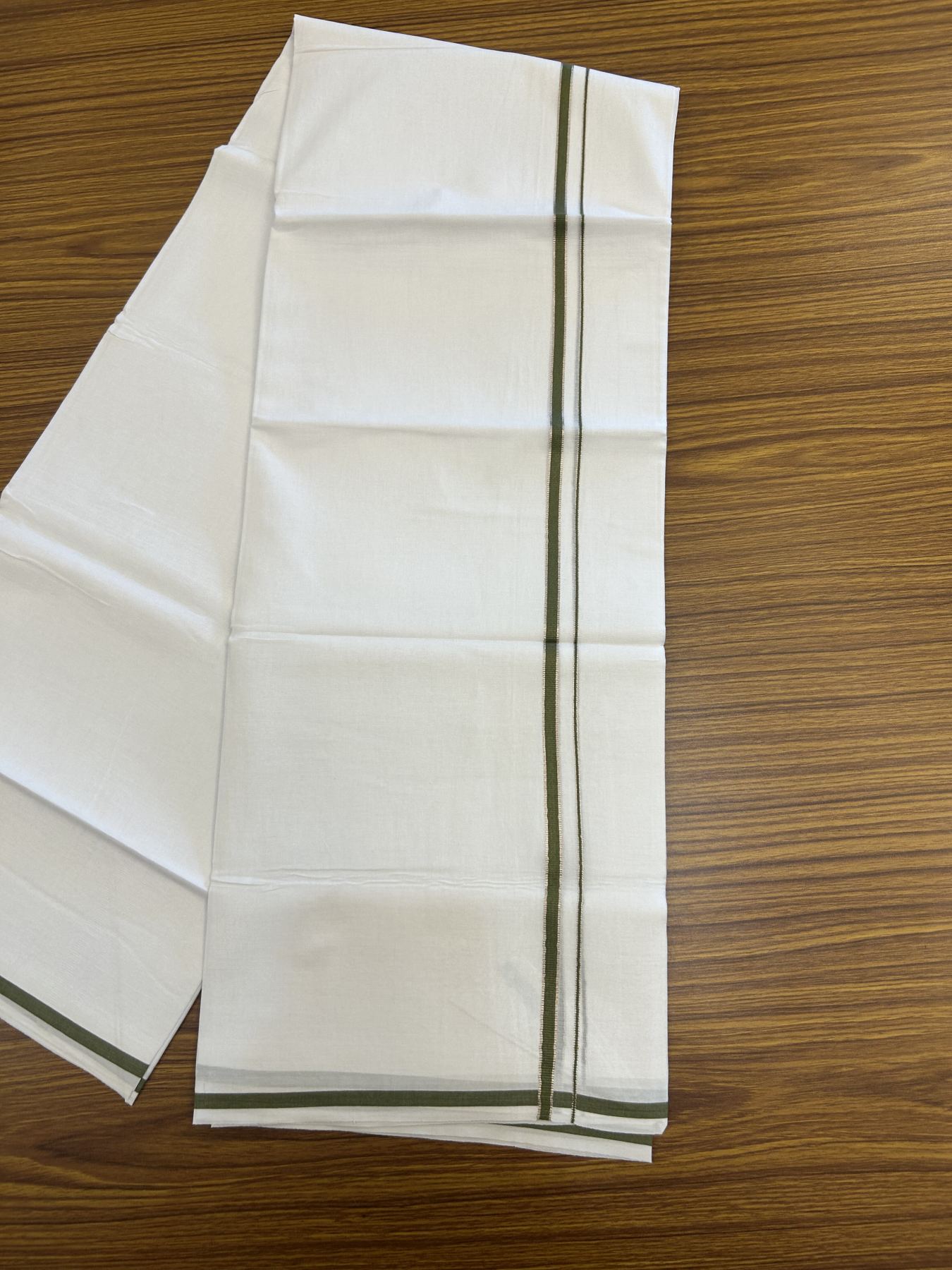 20% Discount! KaithariKada Balaramapuram 100% Cotton Double Pure white Mundu/Dhoti- 100x80 - 0.25 inch Silver Kasav Olive Green kara - 3.75 mtr ( 8 muzham) - 4 KK5315 VAS
