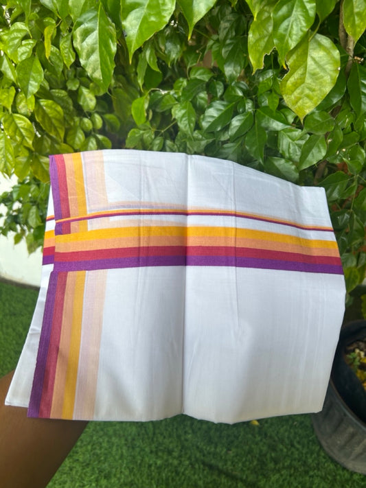 21% DISCOUNT ! KaithariKada Balaramapuram 100% Cotton Pure white Double  Mundu/Dhoti - 100X90 - 1.25 inch Multi Colour kara - 3KK5202PMC
