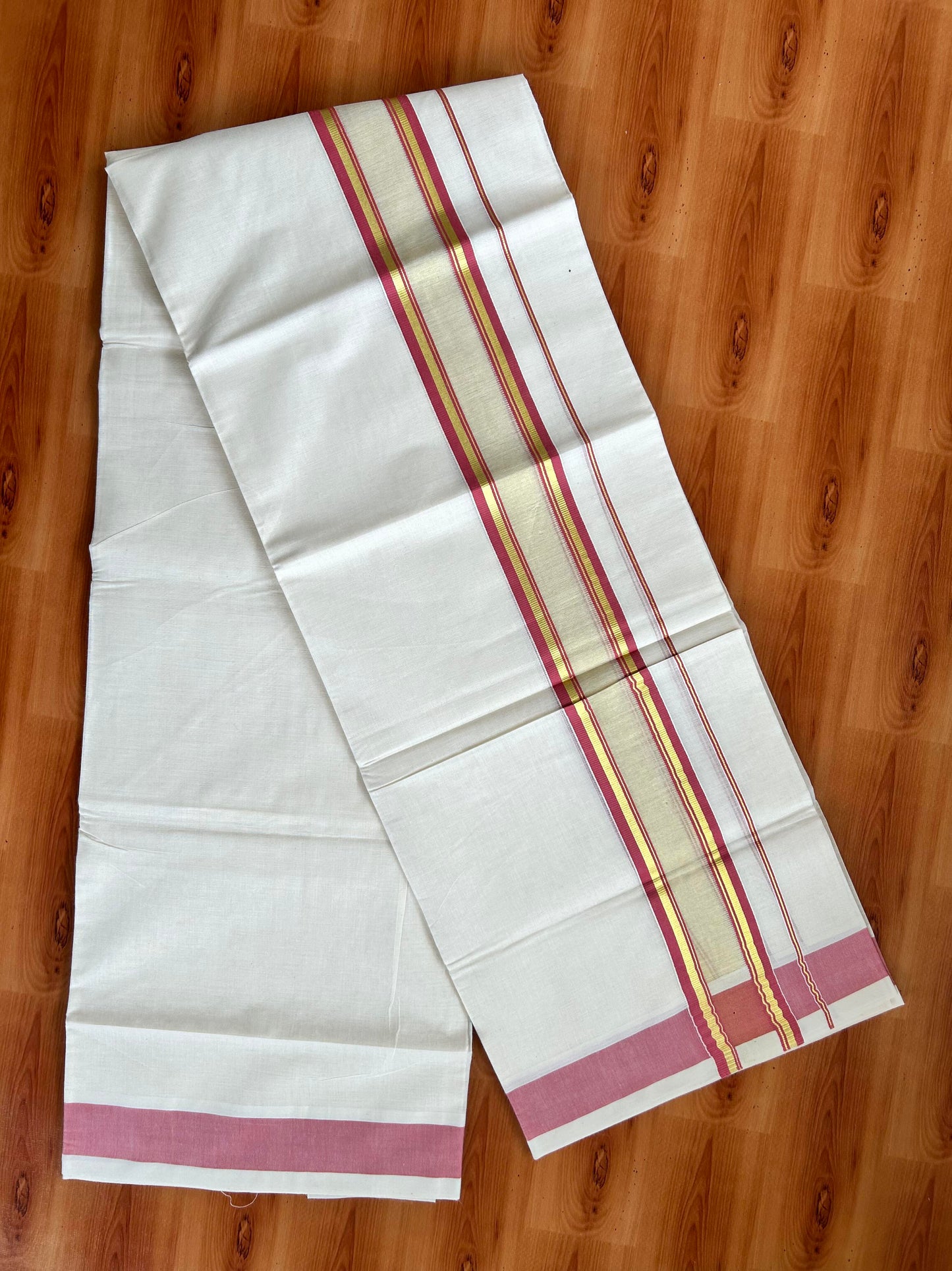 Double Off White - (Unbleached) Mundu/Dhoti - 20% Discount! KaithariKada Balaramapuram Pure Cotton - 80s - 2.25 inch Gold Kasav & Center Tissue Dusty Pink Striped Kara - 4 mtr (8.5 Muzham) - 11 KK5413 GAN