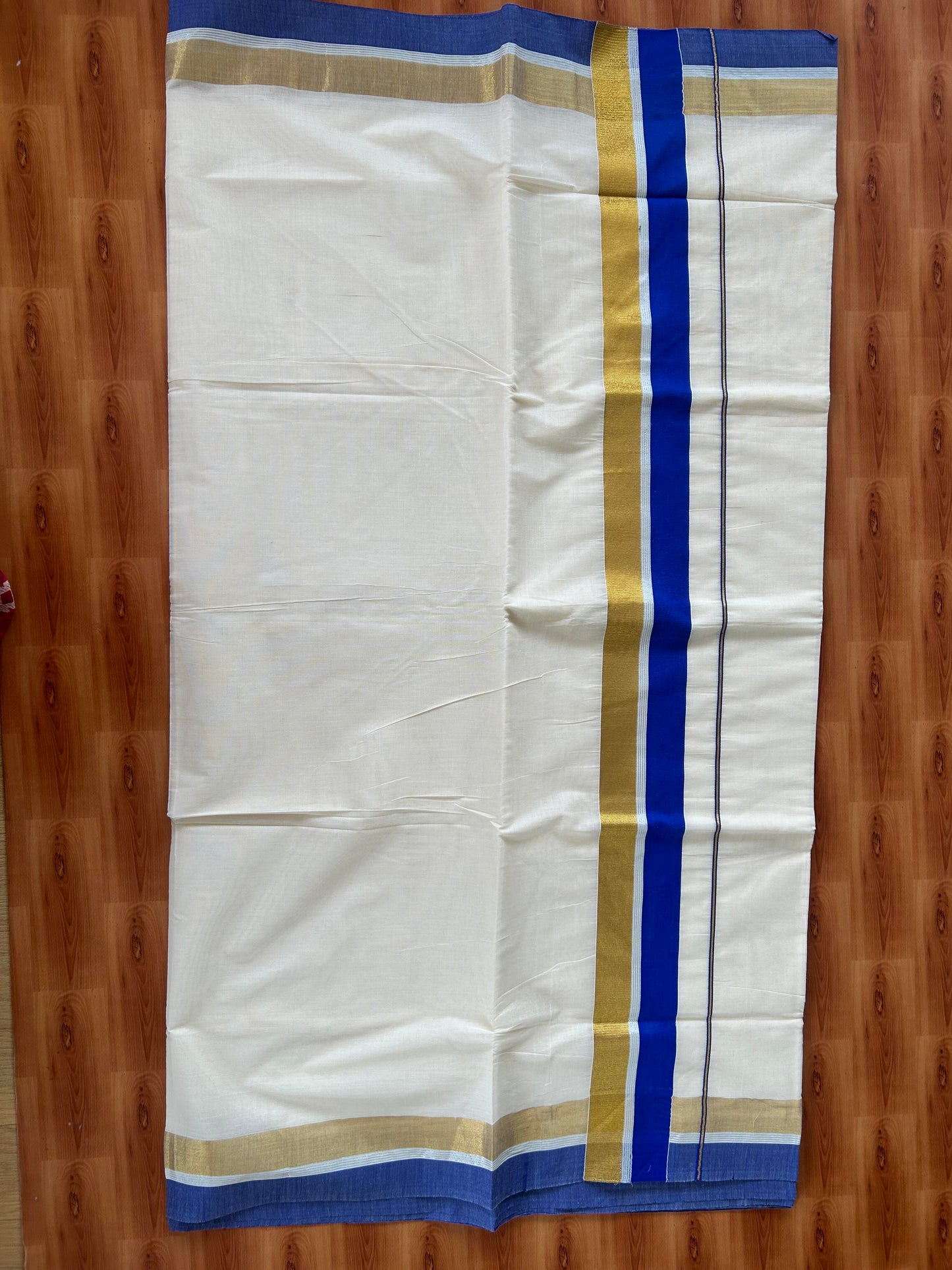 25% Discount! Kaitharikada Kerala Traditional Saree Off white- Mixed Cotton Kasavu Saree - 3.5 Inch  Pallu - Gold Silver Kasav & Blue Kara - 2 KK7000 PMC
