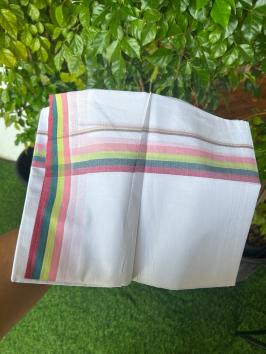 21% DISCOUNT ! KaithariKada Balaramapuram 100% Cotton Pure white Double  Mundu/Dhoti - 100X90 - 1.25 inch Multi Colour kara - 2KK5202PMC