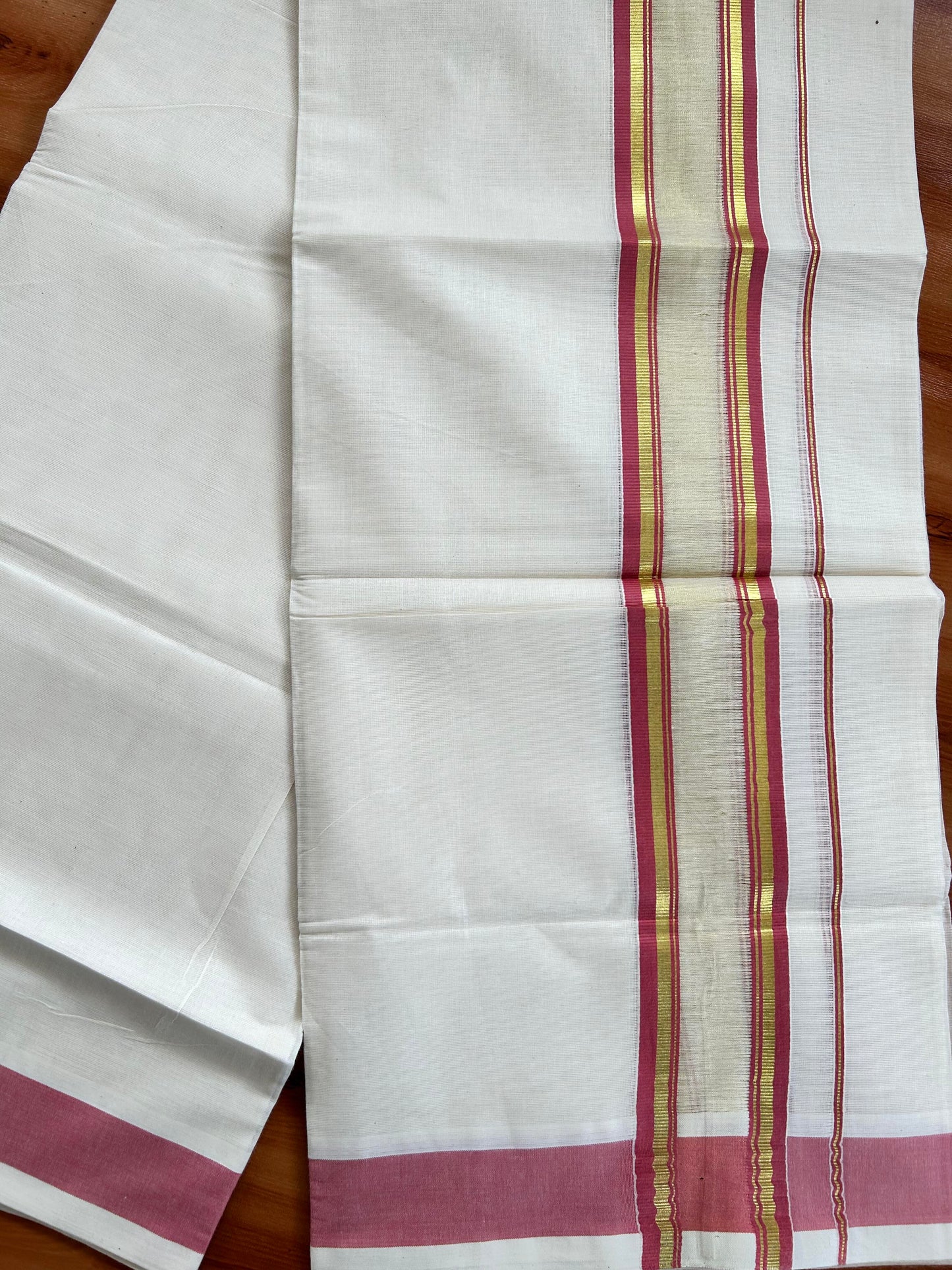 Double Off White - (Unbleached) Mundu/Dhoti - 20% Discount! KaithariKada Balaramapuram Pure Cotton - 80s - 2.25 inch Gold Kasav & Center Tissue Dusty Pink Striped Kara - 4 mtr (8.5 Muzham) - 11 KK5413 GAN