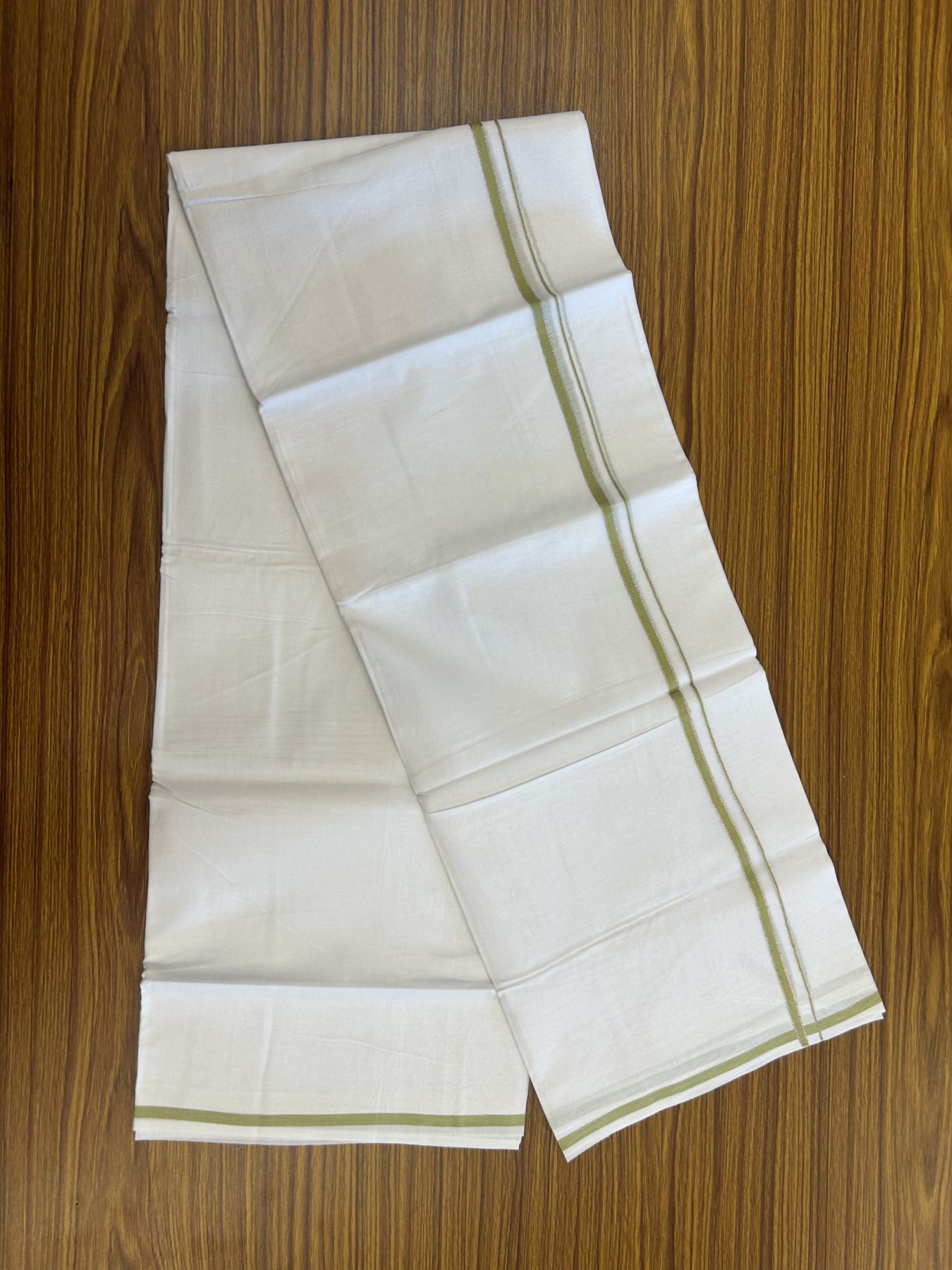 20% Discount! KaithariKada Balaramapuram 100% Cotton Double Pure white Mundu/Dhoti- 100x80 - 0.25 inch Silver Kasav Light Olive Green kara - 3.75 mtr ( 8 muzham) - 13 KK5315 VAS