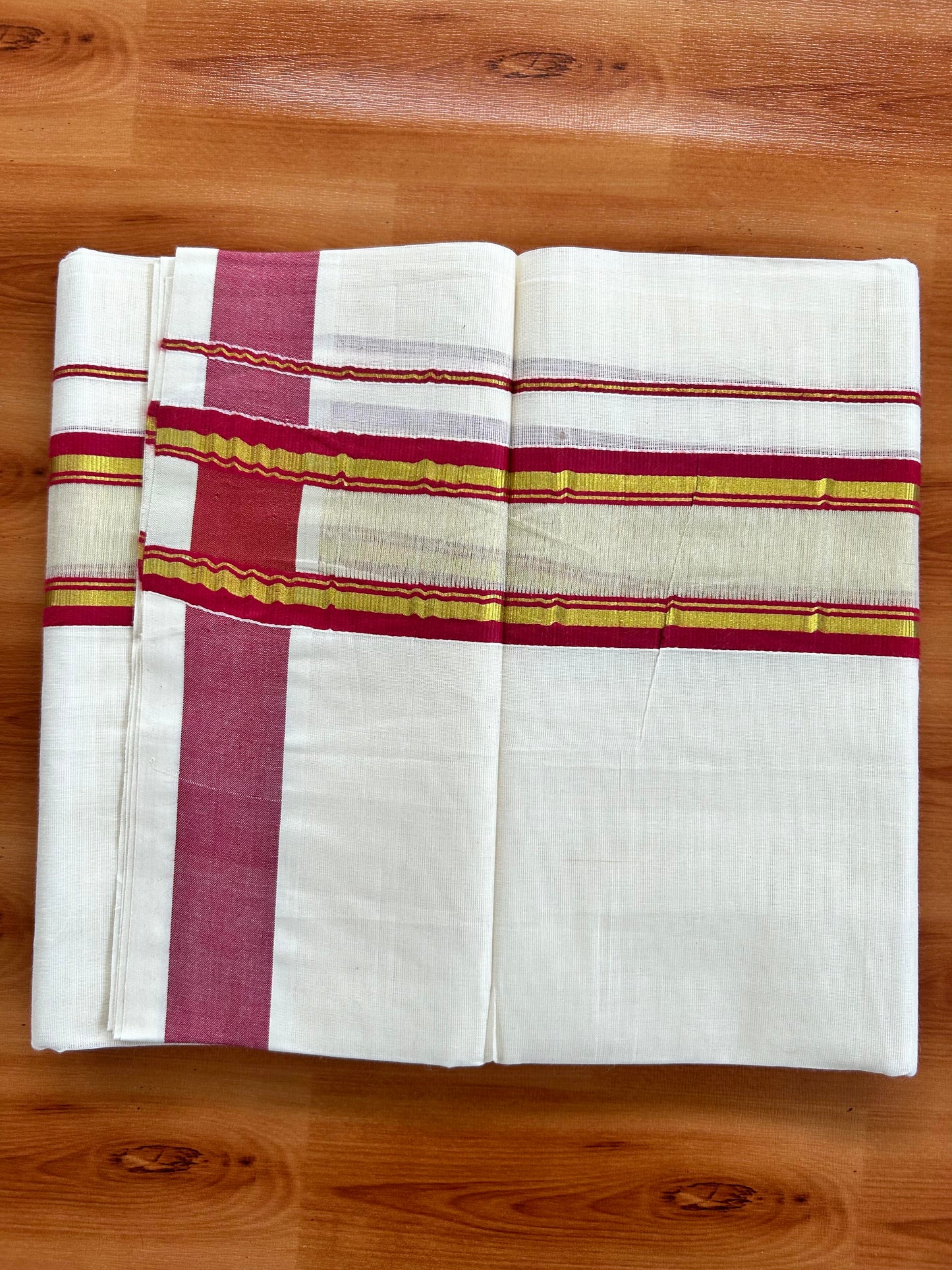 Double Off White - (Unbleached) Mundu/Dhoti - 20% Discount! KaithariKada Balaramapuram Pure Cotton - 80s - 2.25 inch Gold Kasav & Center Tissue Maroon Striped Kara - 4 mtr (8.5 Muzham) - 13 KK5413 GAN