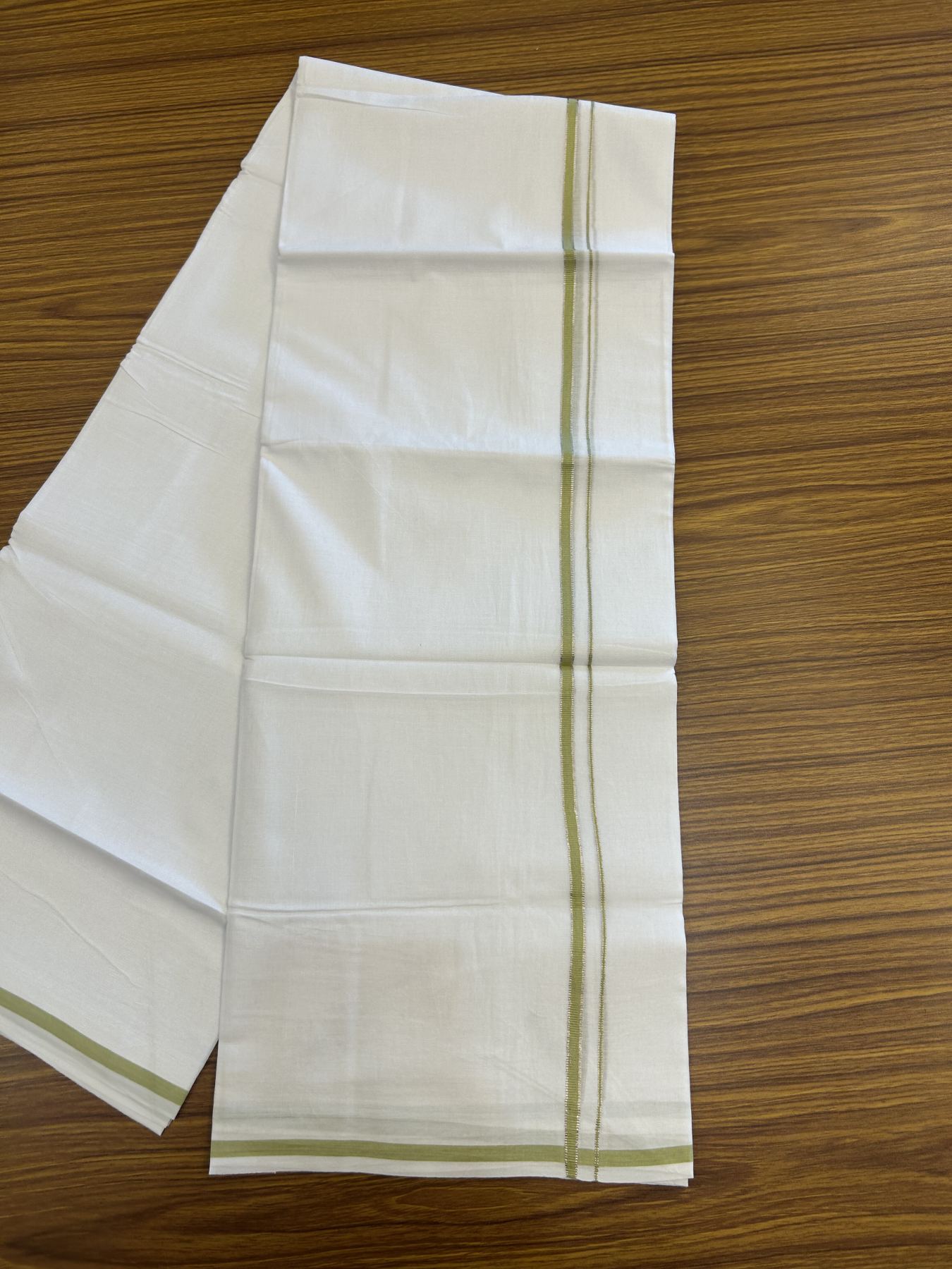 20% Discount! KaithariKada Balaramapuram 100% Cotton Double Pure white Mundu/Dhoti- 100x80 - 0.25 inch Silver Kasav Light Olive Green kara - 3.75 mtr ( 8 muzham) - 13 KK5315 VAS