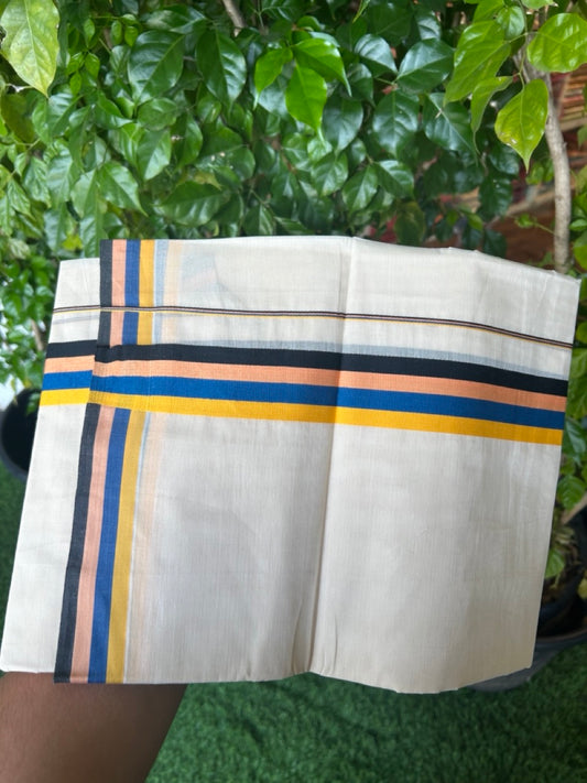 19% DISCOUNT ! KaithariKada Balaramapuram 100% Cotton off white (Unbleached) Double  Mundu/Dhoti - 100X80 - 1.25 inch Multi Colour kara - 1KK5202PMC